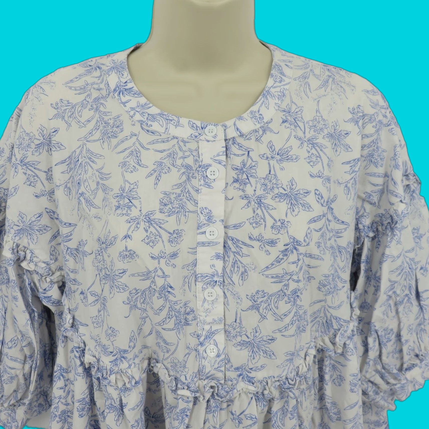 Vintage Bucket List Women Large White Blue Flower Botanical Print Ruffle Dress Sundress Size L / US 10 / IT 46 - 1 Thumbnail