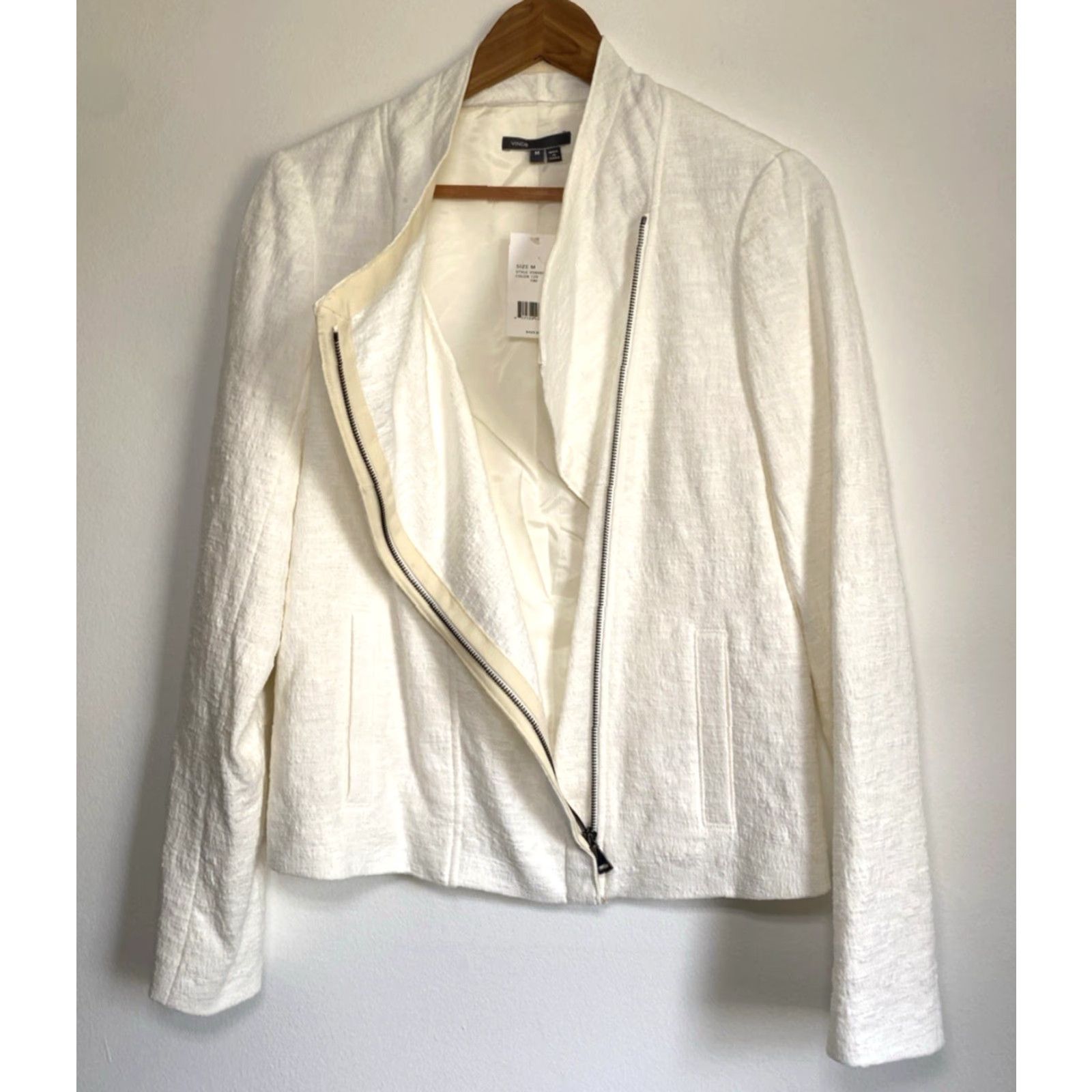 Vince Vince Women's Biker Jacket Sz M Cream NWT Stretch Cotton Frise Asymmetrical Zip Full Zip Pockets Size M / US 6-8 / IT 42-44 - 4 Thumbnail