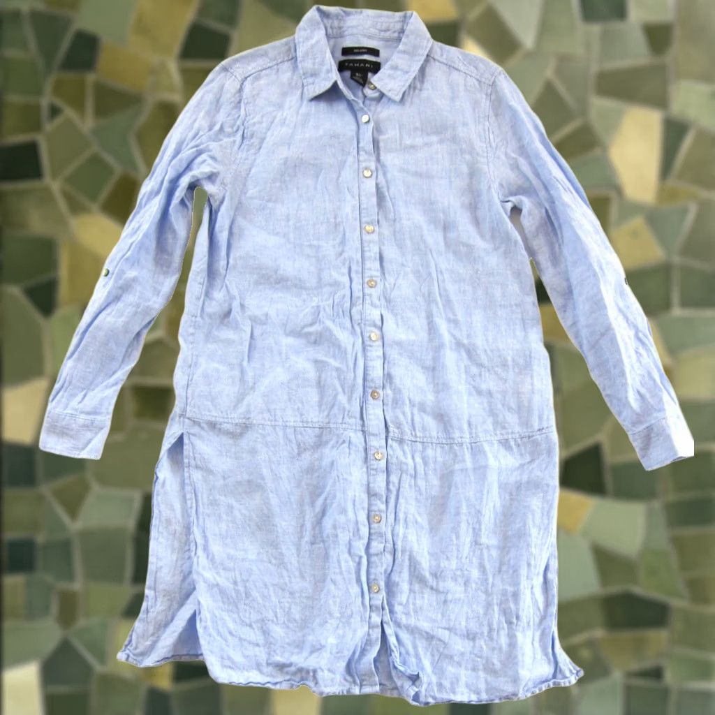 Vintage TAHARI Blouse Shirt 100% Linen Blue Collared Long Sleeve Button Down Slit Small Womens Size S / US 4 / IT 40 - 1 Thumbnail