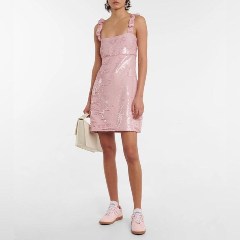Ganni Ganni ruffle-trimmed pink sequined georgette mini dress 6 Size M / US 6-8 / IT 42-44 - 4 Thumbnail
