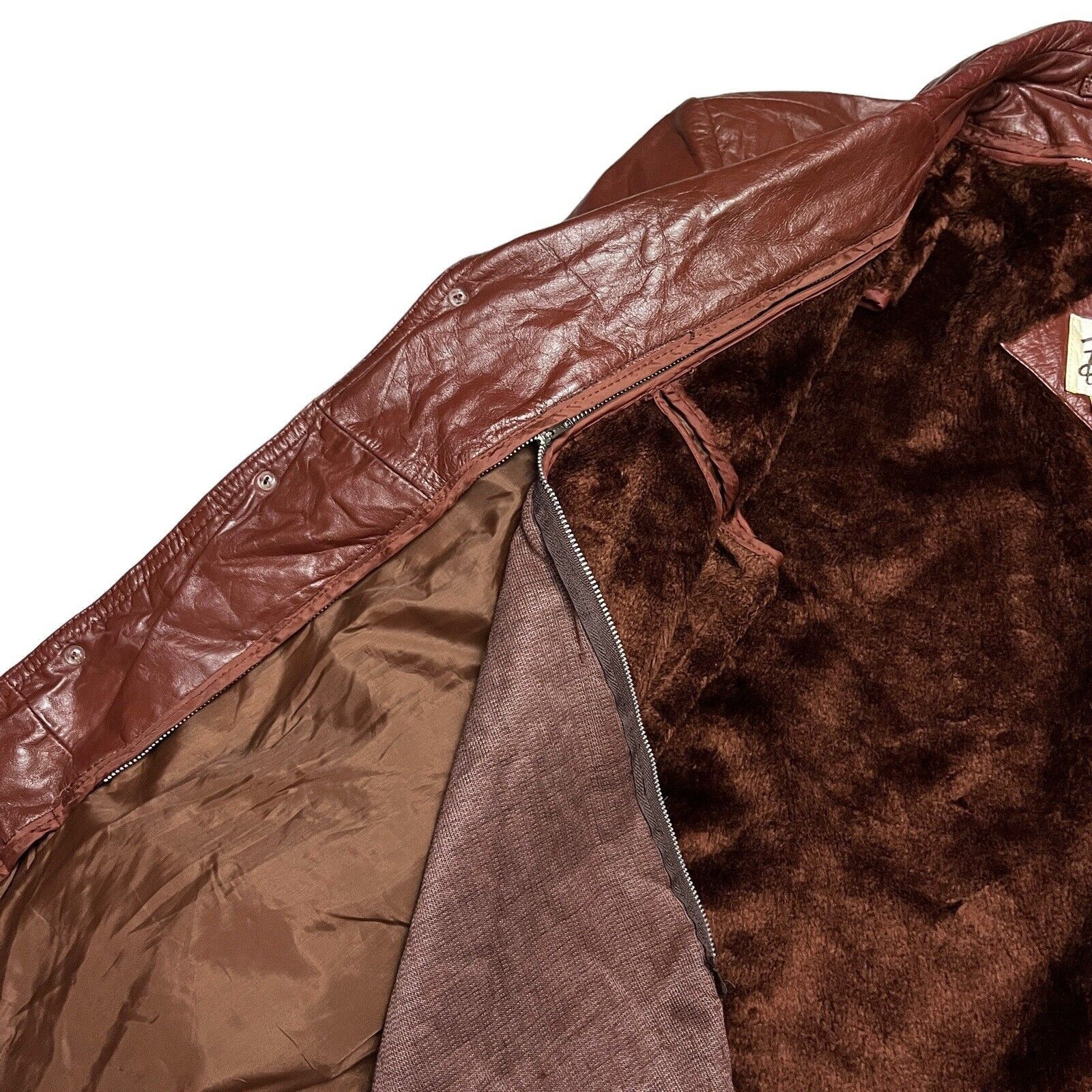 Leather VINTAGE Bermans 100% LEATHER Brown Faux Fur Fleece Jacket Size US L / EU 52-54 / 3 - 5 Thumbnail