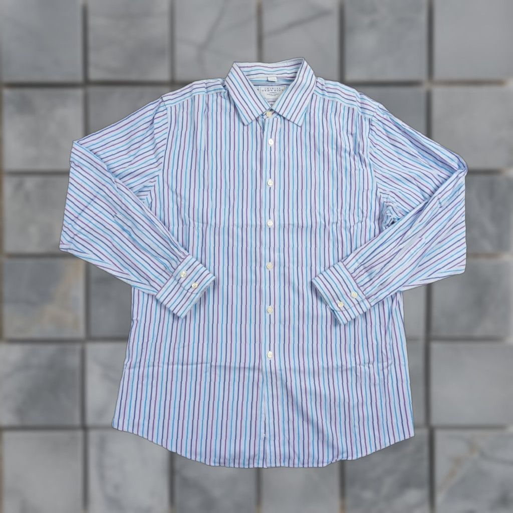 Charles Tyrwhitt Charles Tyrwhitt Shirt Mens 17 / 35 Blue Button Up Striped Non Iron Slim Fit Size US XL / EU 56 / 4 - 1 Thumbnail