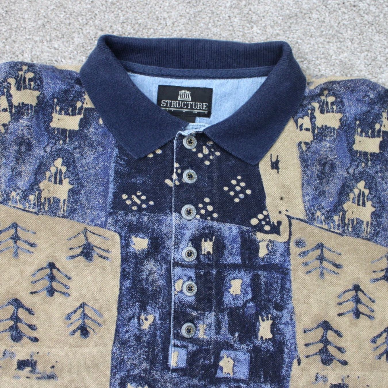 Vintage Structure Polo Shirt Mens Medium Blue/Tan Geometric 100% Cotton Long Sleeve Size US M / EU 48-50 / 2 - 6 Thumbnail