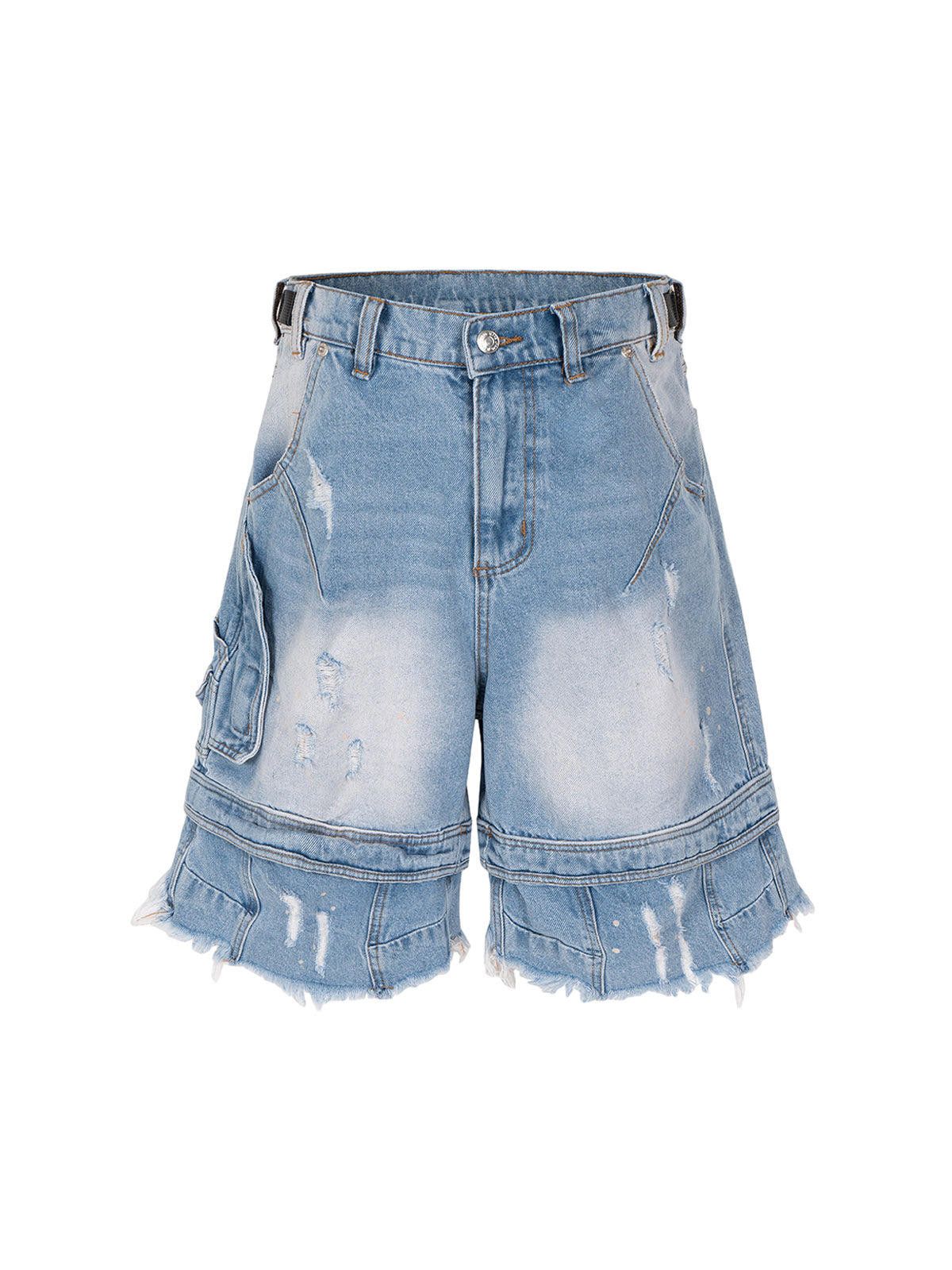 Japanese Brand Ripped Washed Tassel Cargo Denim Shorts Size ONE SIZE - 1 Thumbnail
