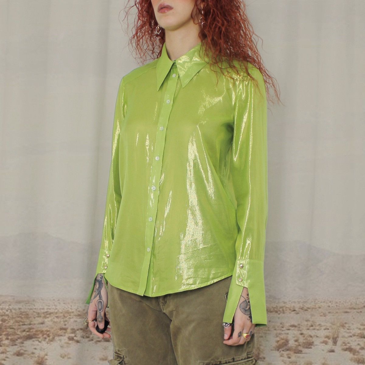 Patrizia Pepe 🐉SHINY GREEN SHIRT🐉 Size M / US 6-8 / IT 42-44 - 2 Thumbnail