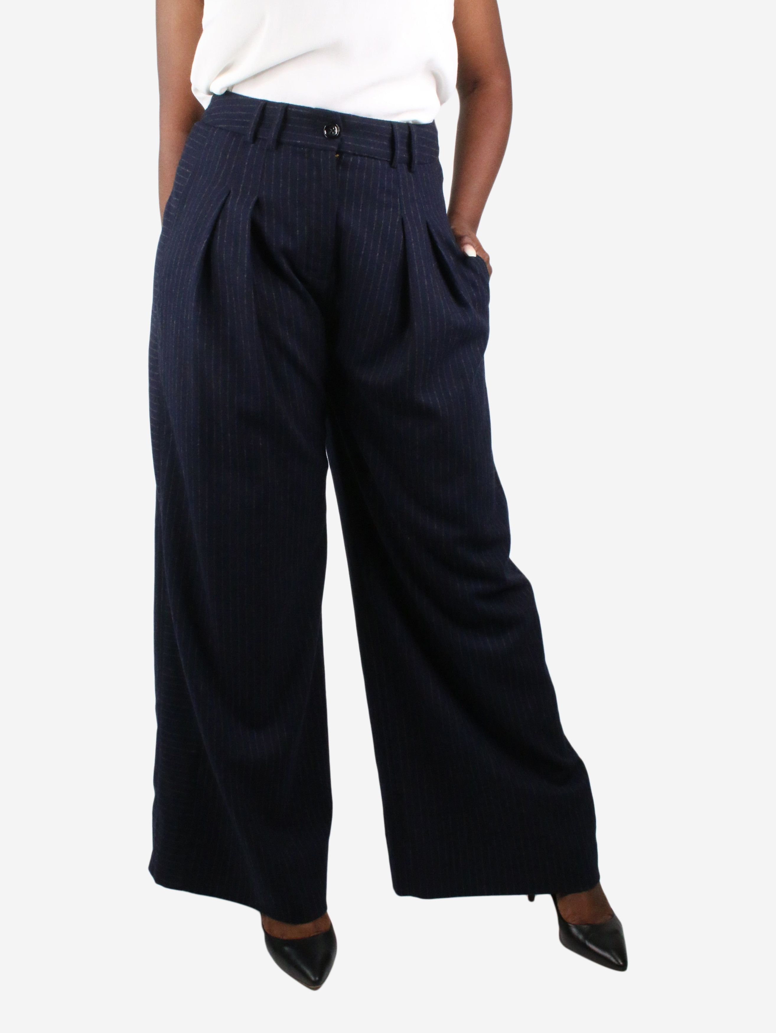 Navy pinstripe wide-leg trousers - size UK 12