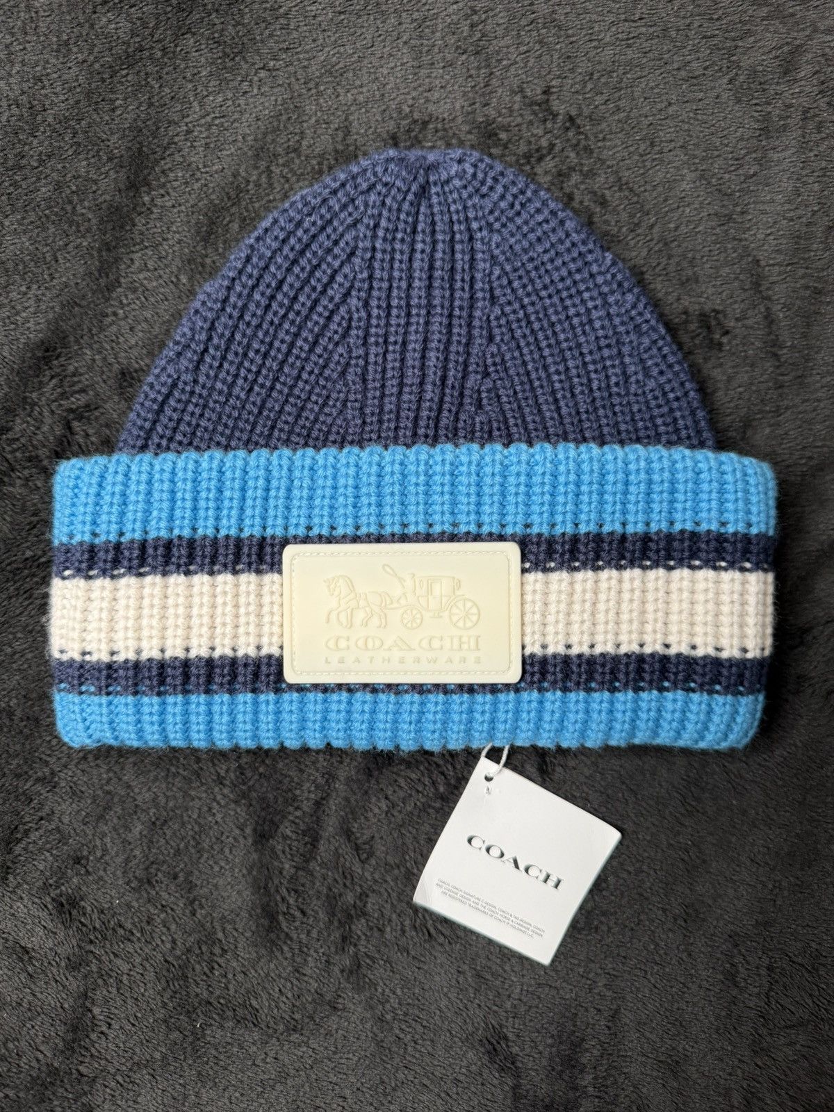 Coach COACH Leatherware Beanie – Blue / White Stripe – Brand New Size ONE SIZE - 5 Thumbnail