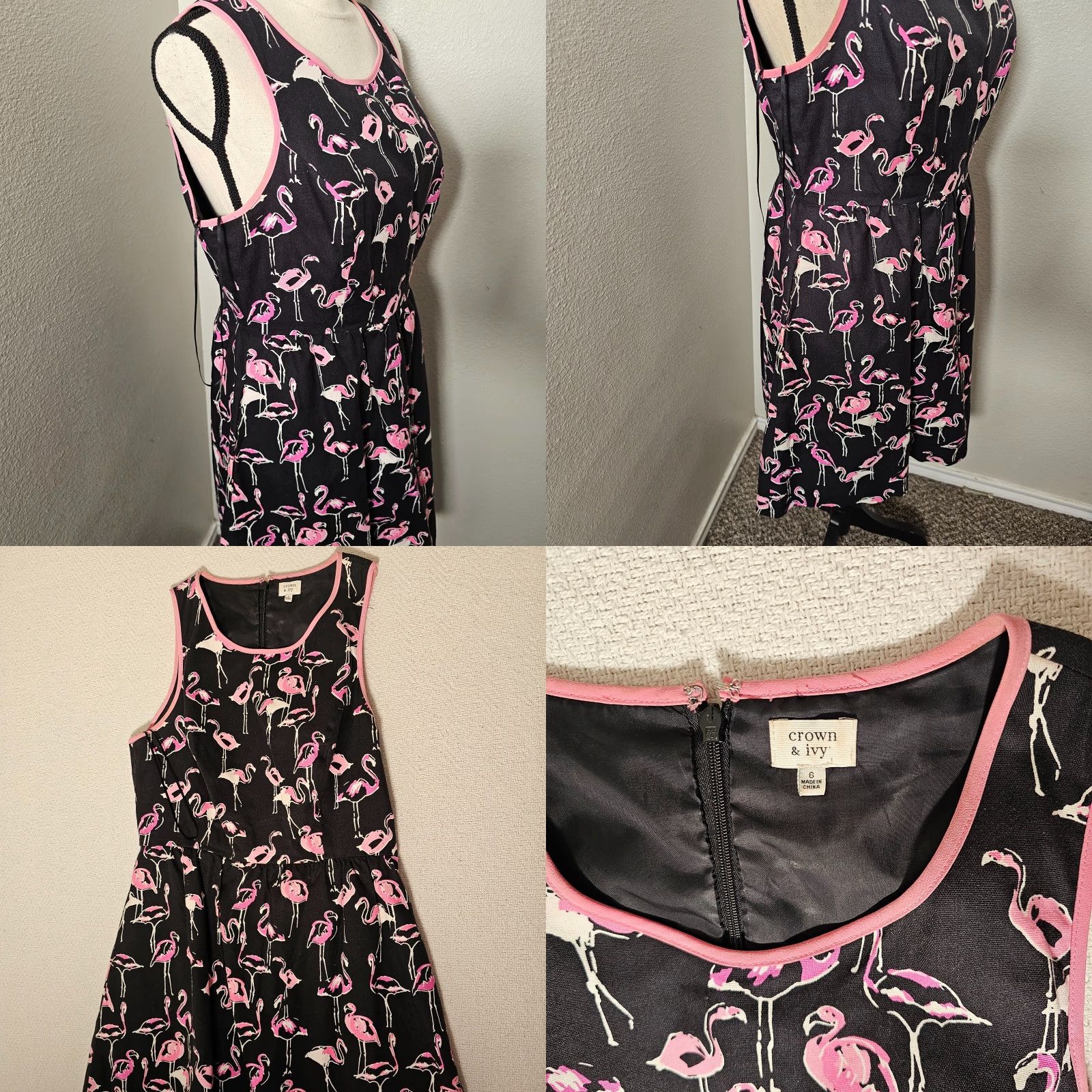 Vintage Crown And Ivy Size 6 Navy Tropical Dress Flaming Print Sleeveless Zip Back Fashion Shirt Dress Knee Length Black 6 Sleeveless Zip Crown And Ivy Size M / US 6-8 / IT 42-44 - 8 Thumbnail