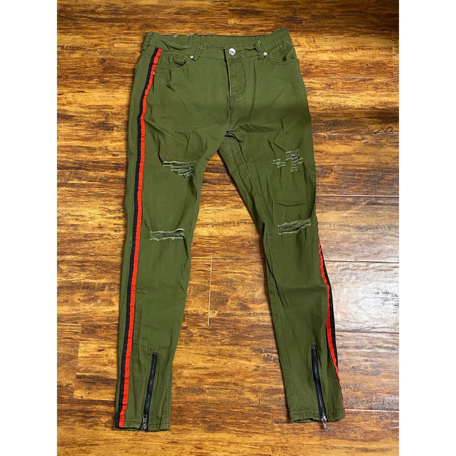 The Unbranded Brand Olive Green Distressed Side Stripe Zipper Jeans Size 34 Size US 34 / EU 50 - 1 Thumbnail