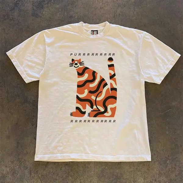 Vintage White Loose Little Tiger Print Short Sleeve T-Shirt Size US XL / EU 56 / 4 - 6 Thumbnail