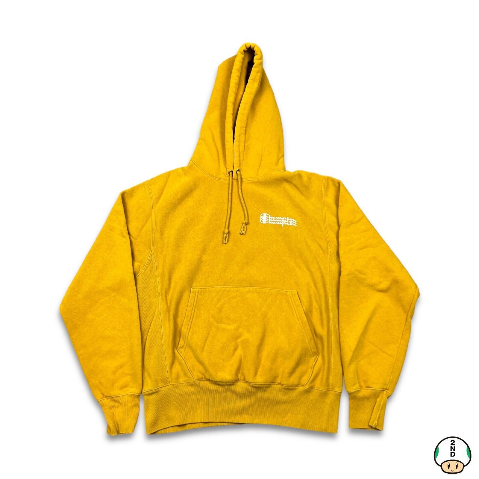 Champion Hoodie Medium Yellow Reverse Weave Script Hooded Tops