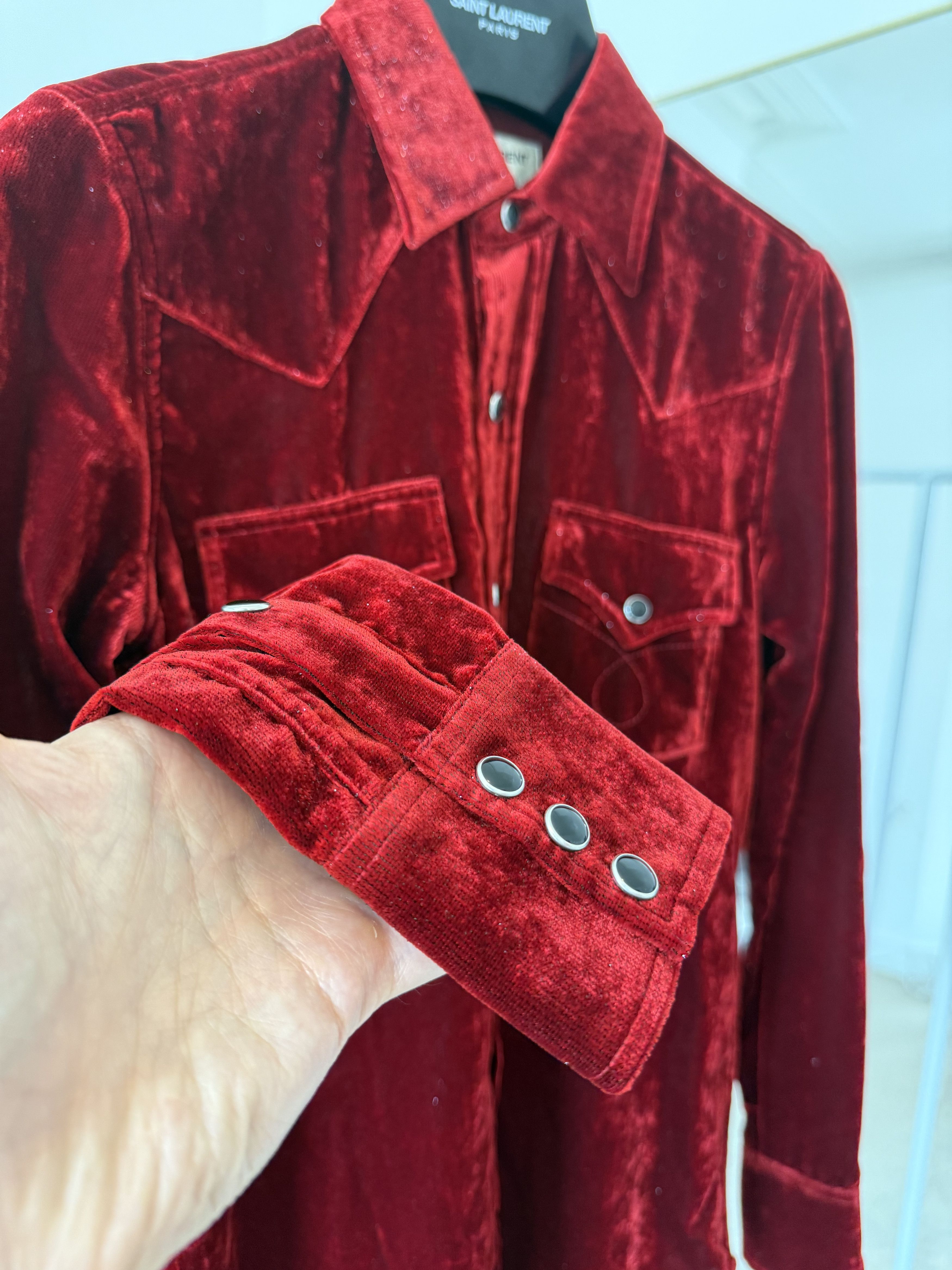 Hedi Slimane × Saint Laurent Paris FW16 Saint Laurent Glitter Red Velour Shirt Size XS / US 0-2 / IT 36-38 - 7 Thumbnail