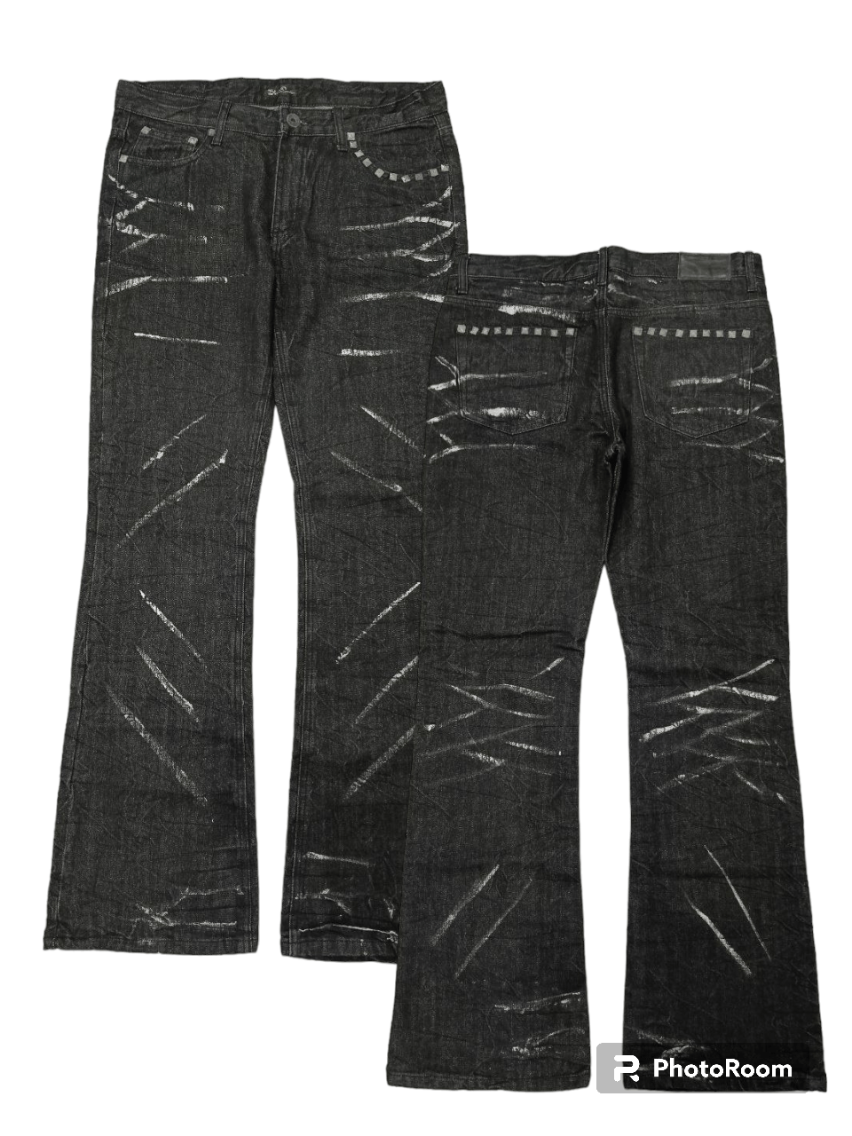 FLARE BLACK CROWN SPLATTED DENIM PANTS