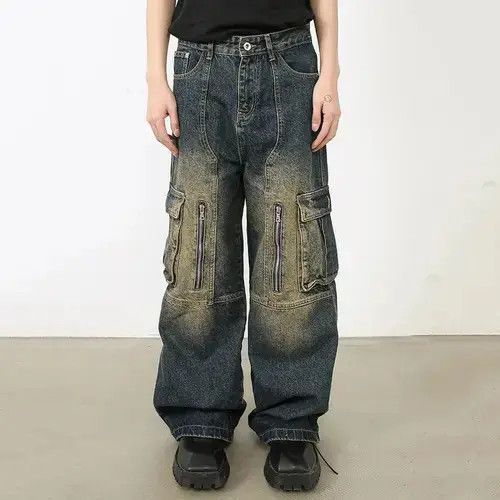Jean Multi Pocket Retro Blue Baggy Jeans Size US 33 - 2 Thumbnail