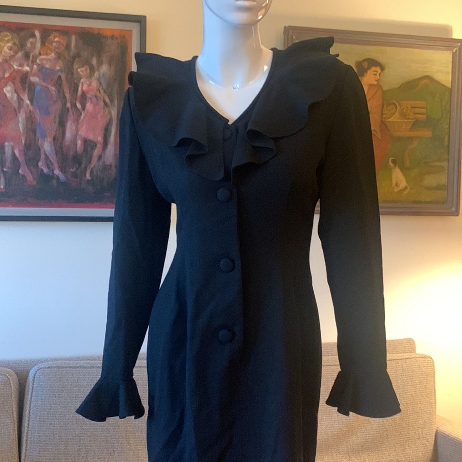 Vintage 80’s Oberon chic LBD black crepe cocktail dress Size L / US 10 / IT 46 - 3 Thumbnail