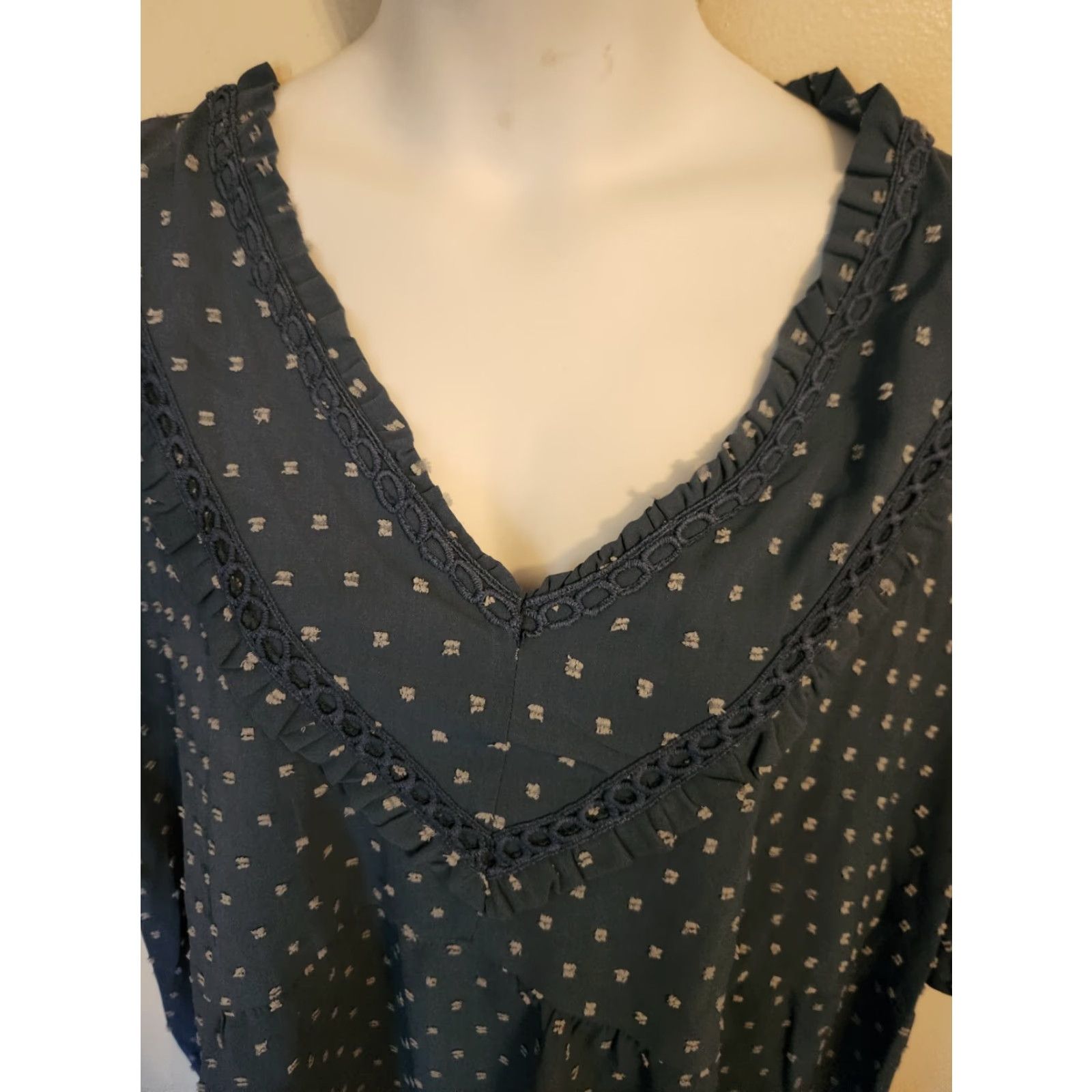 Vintage Bloomchic Blue Swiss Dot Lace Trim Tunic Top 28 Plus Size Women V-Neck Short Sleeve Blouse Casual Size 4XL / US 24-26 - 2 Thumbnail