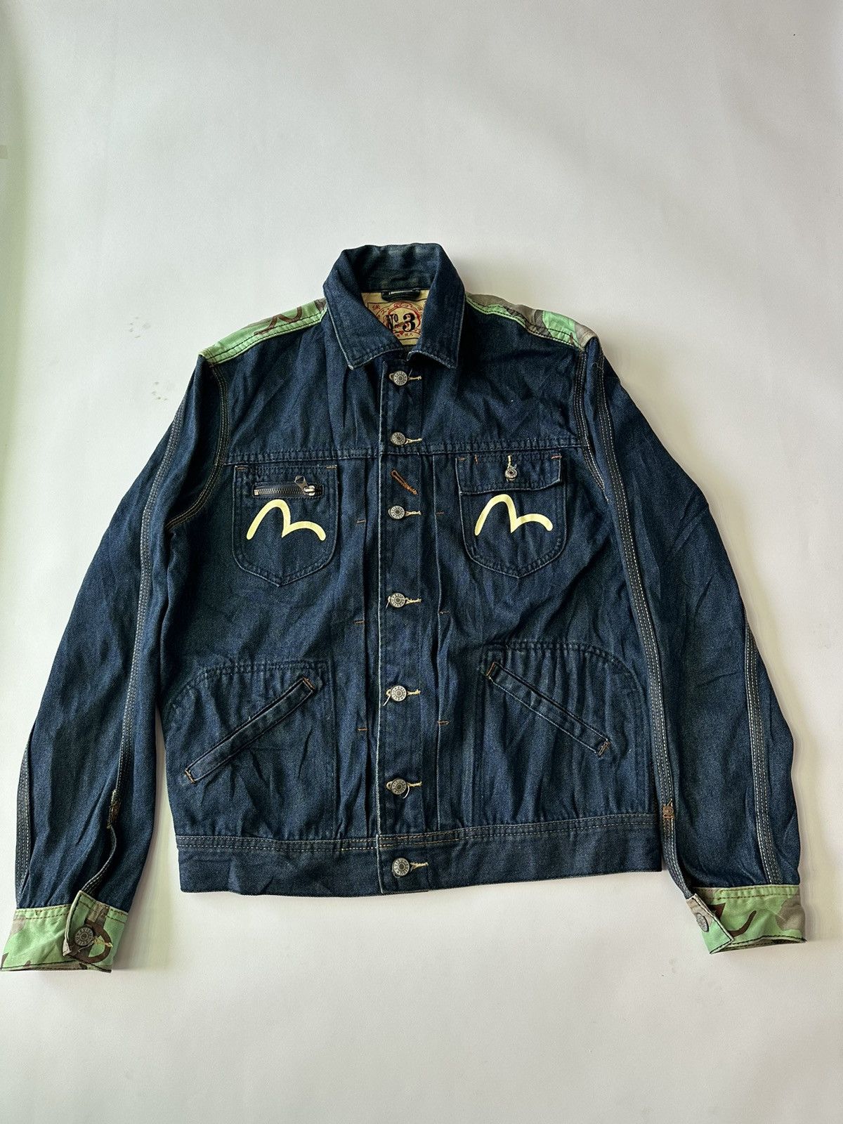 image of Evisu Camo & Indigo Seagull Jean Jacket in Blue, Men's (Size Medium)