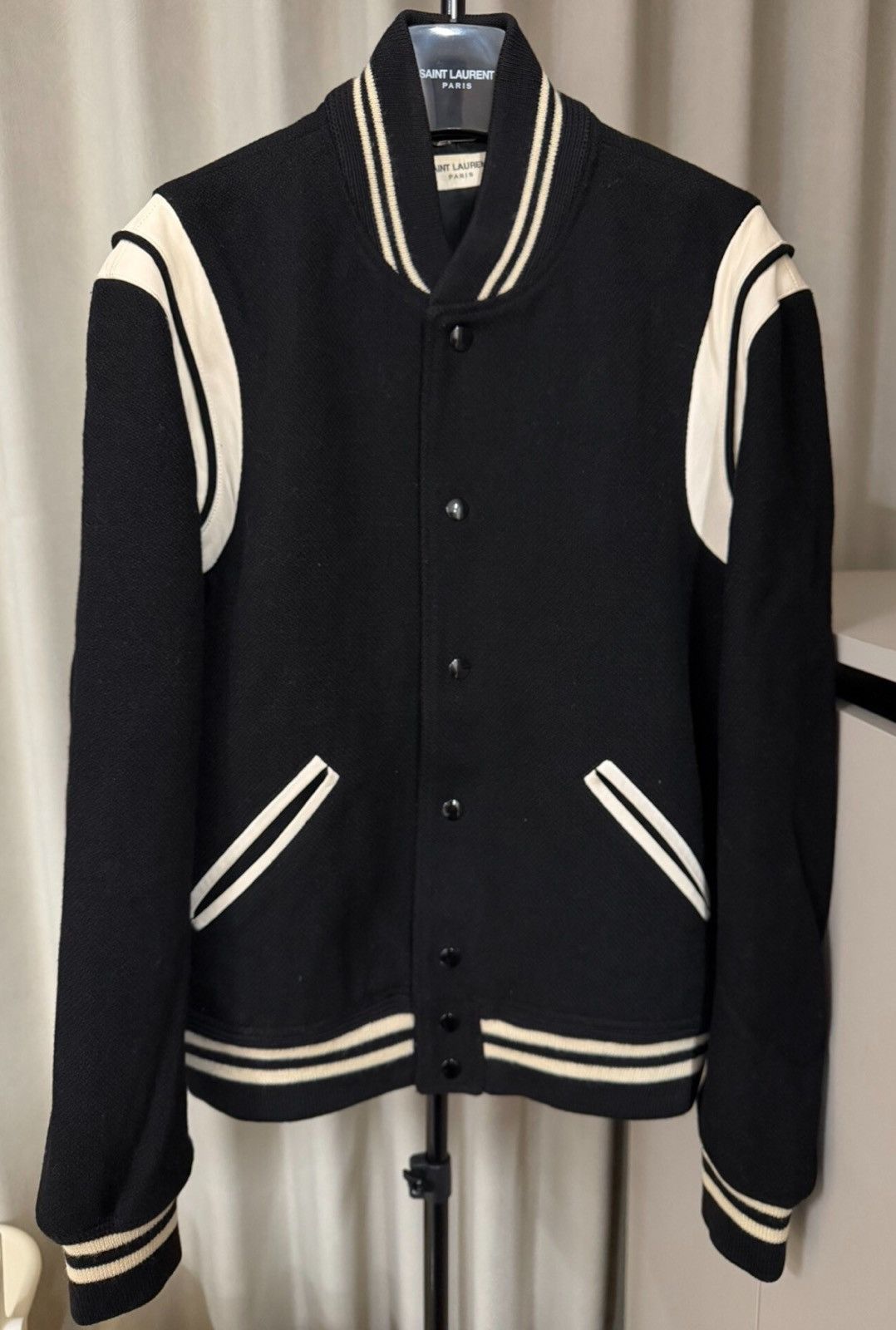 Saint Laurent Paris Saint Laurent 2014 Black &White Wool Lambskin Varsity Jacket Size US L / EU 52-54 / 3 - 1 Thumbnail