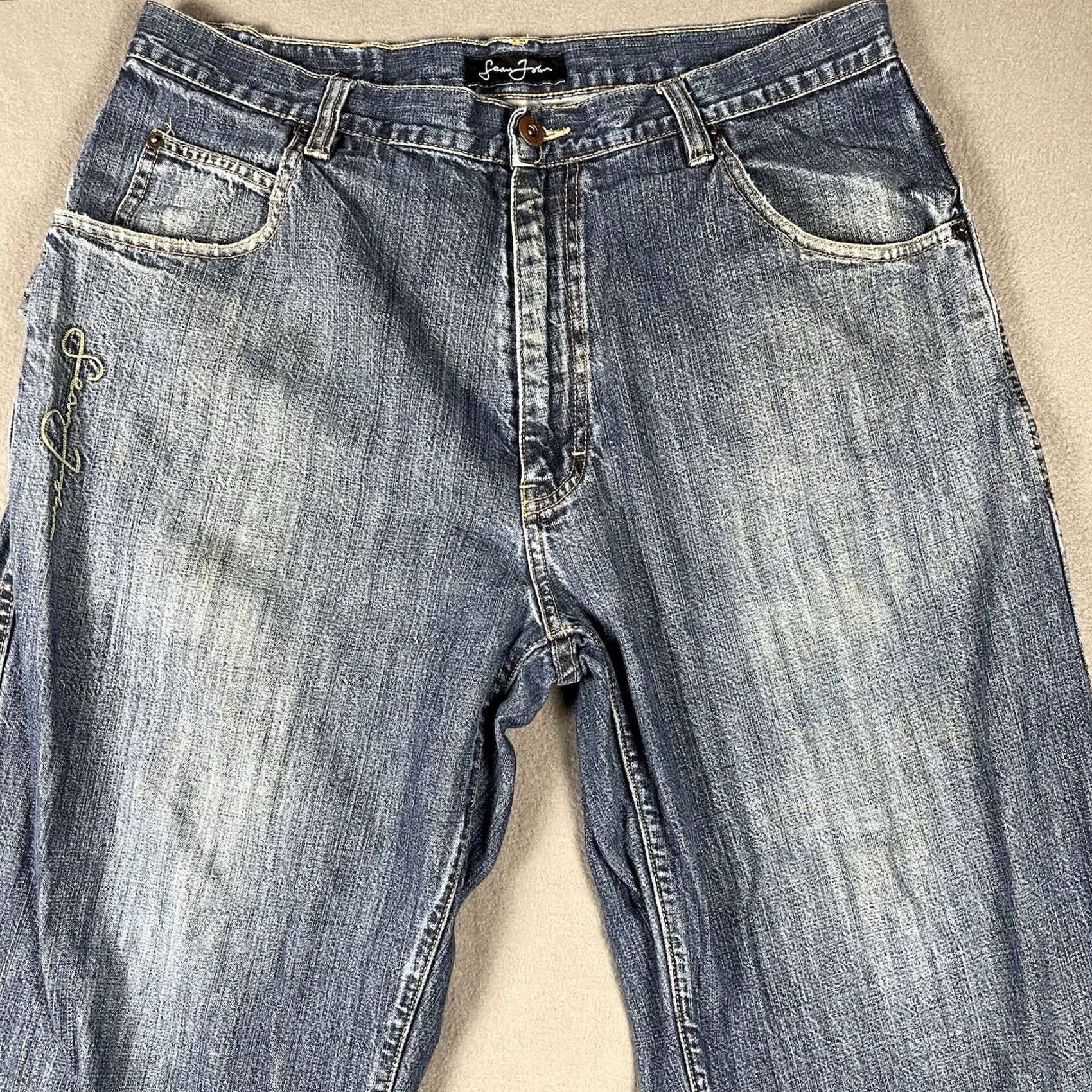Sean John VINTAGE Sean John Jeans Mens 36 Wide-Leg Distressed Carpenter 5-Pocket Denim Blue 90s Grunge Y2K Skater Size US 36 / EU 52 - 6 Thumbnail