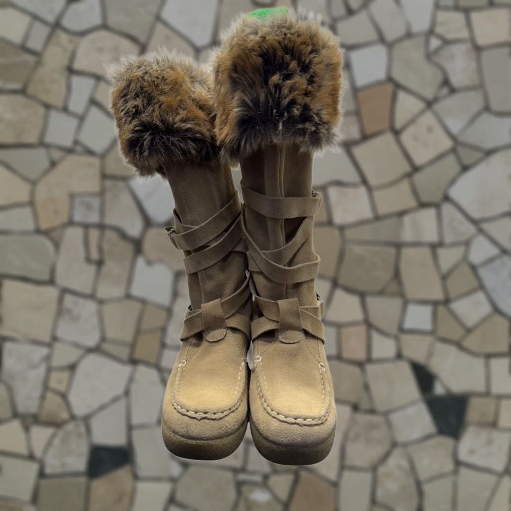 Vintage Report Tan Faux Fur-Trimmed Knee-High Wedge Boots #136B Womens 8 Bootie Tan Faux Fur Trim Knee-High Wedge Boots Report 136B Size US 8 / IT 38 - 1 Thumbnail