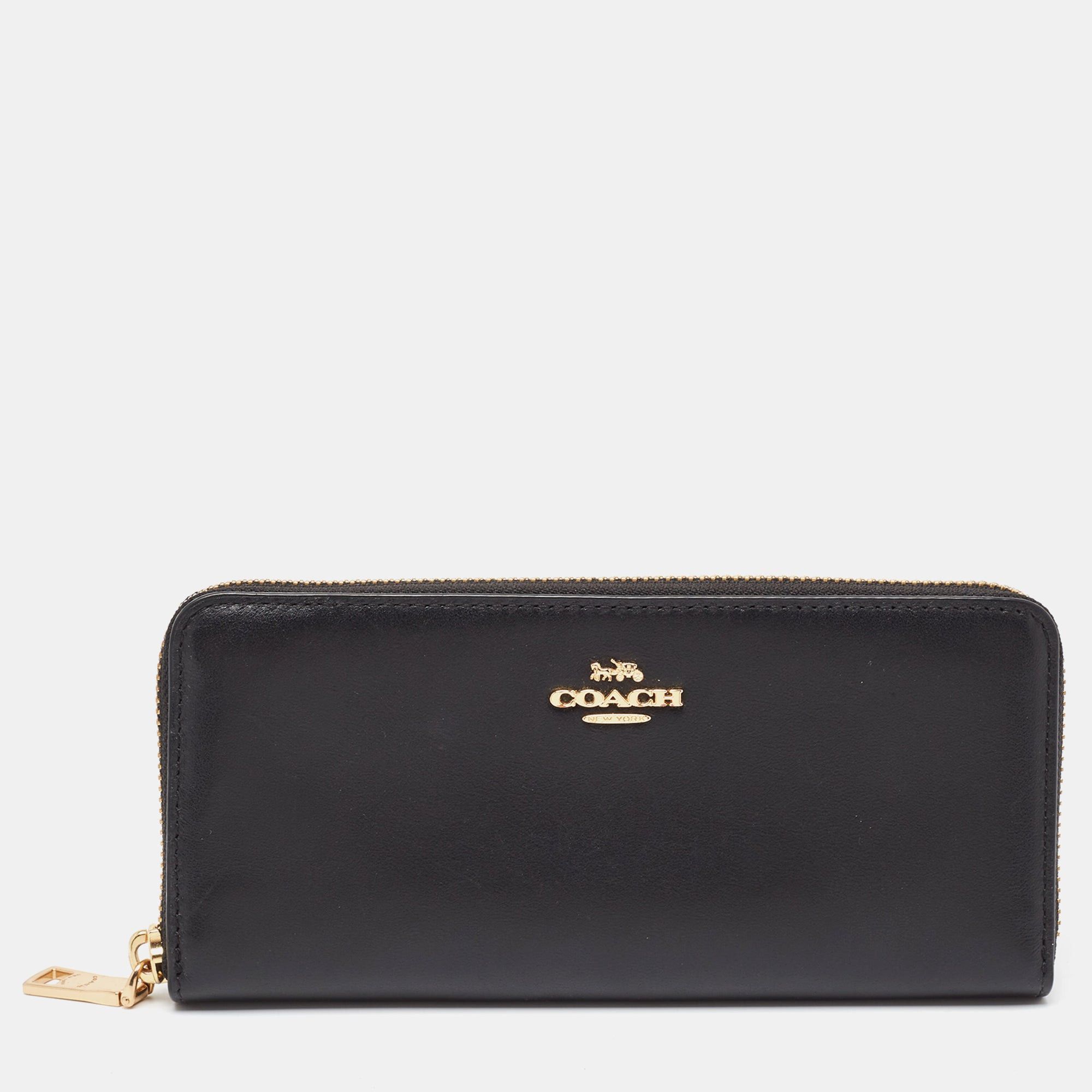 image of Coach Black Leather Accordion Zip Around Wallet, Women's