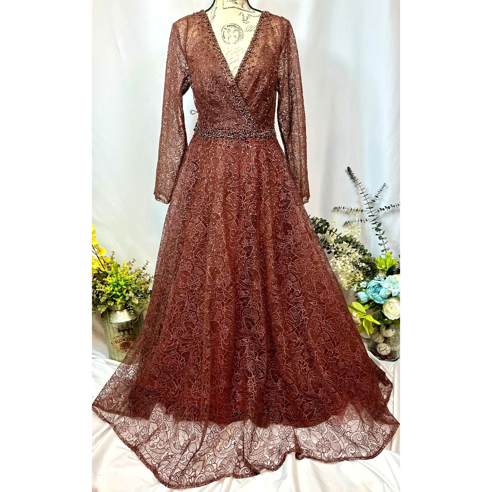 Other Mac Duggal Embellished Illusion V-Neck Gown Chocolate 12 Size XL / US 12-14 / IT 48-50 - 10 Thumbnail