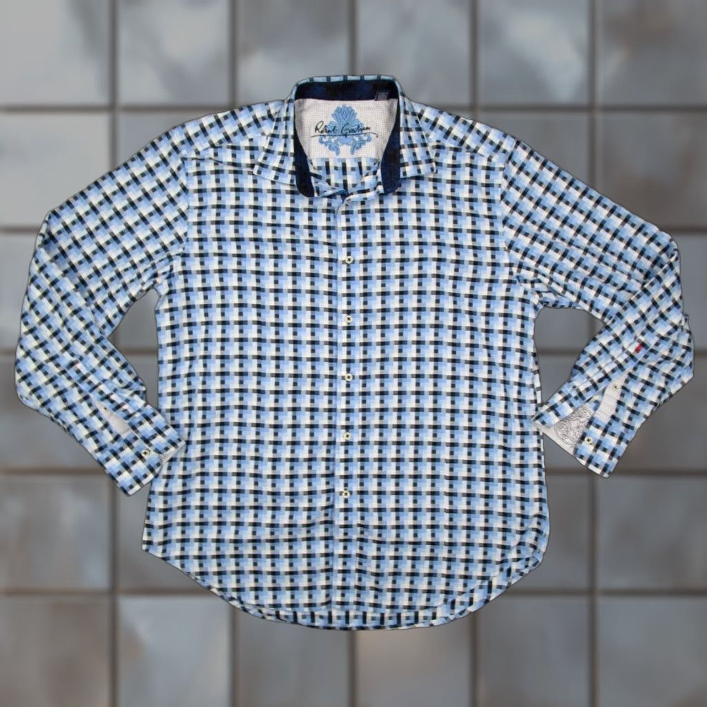 Robert Graham Robert Graham Shirt Mens XL Blue Button Up Dress Shirt Flip Cuff Geometric All Seasons 100% Cotton Button Embroidered Logo Designer Vintage: No Size US XL / EU 56 / 4 - 1 Thumbnail