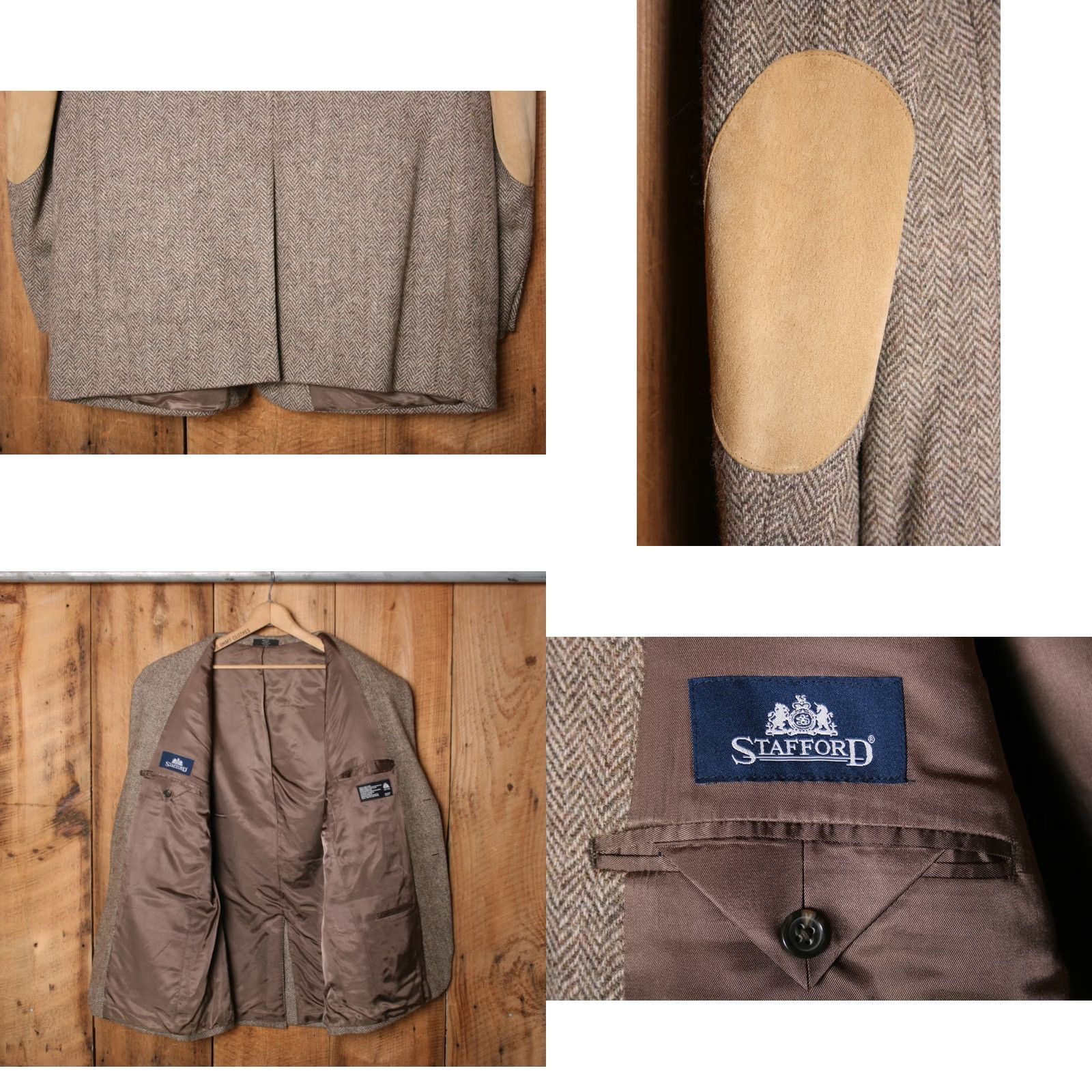 Stafford STAFFORD Brown Herringbone Tweed Wool Sport Coat w/Leather Elbow Patches Sz. 44R Size US S / EU 44-46 / 1 - 8 Thumbnail