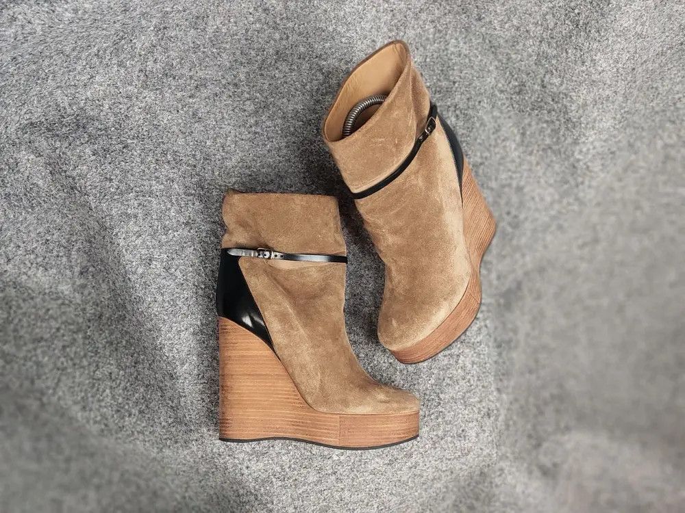 Chloé Marron Suede Beige Wedge Wooden Platform Heel Boots