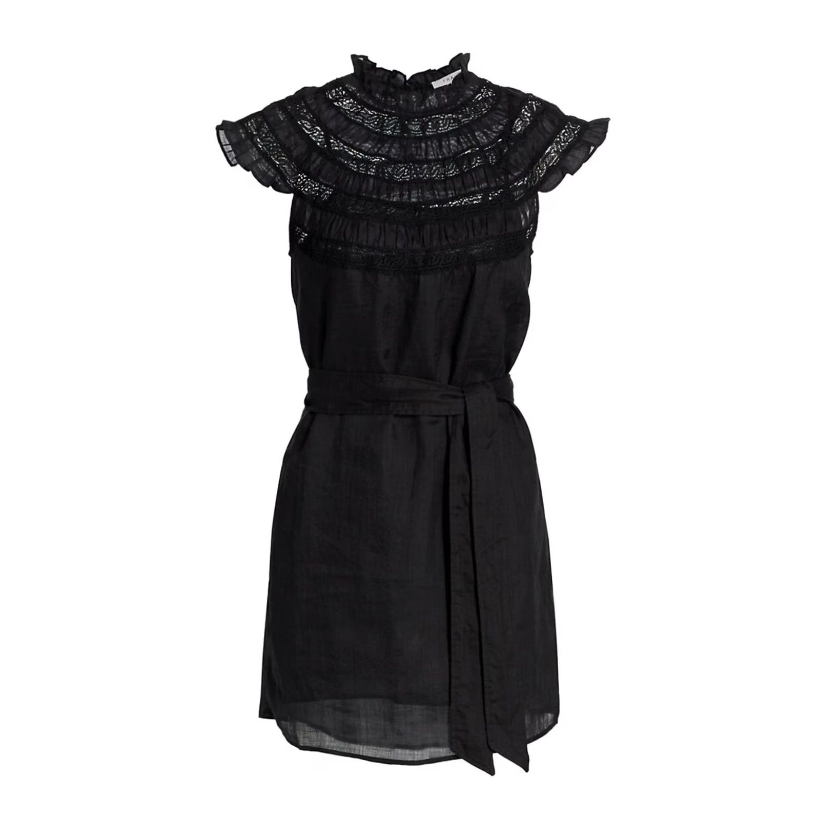 Frame FRAME Black Lace Inset High Mock Neck Ruffe Cap Sleeve 100% Ramie Mini Dress Womens M New with Tags NWT Size M / US 6-8 / IT 42-44 - 5 Thumbnail
