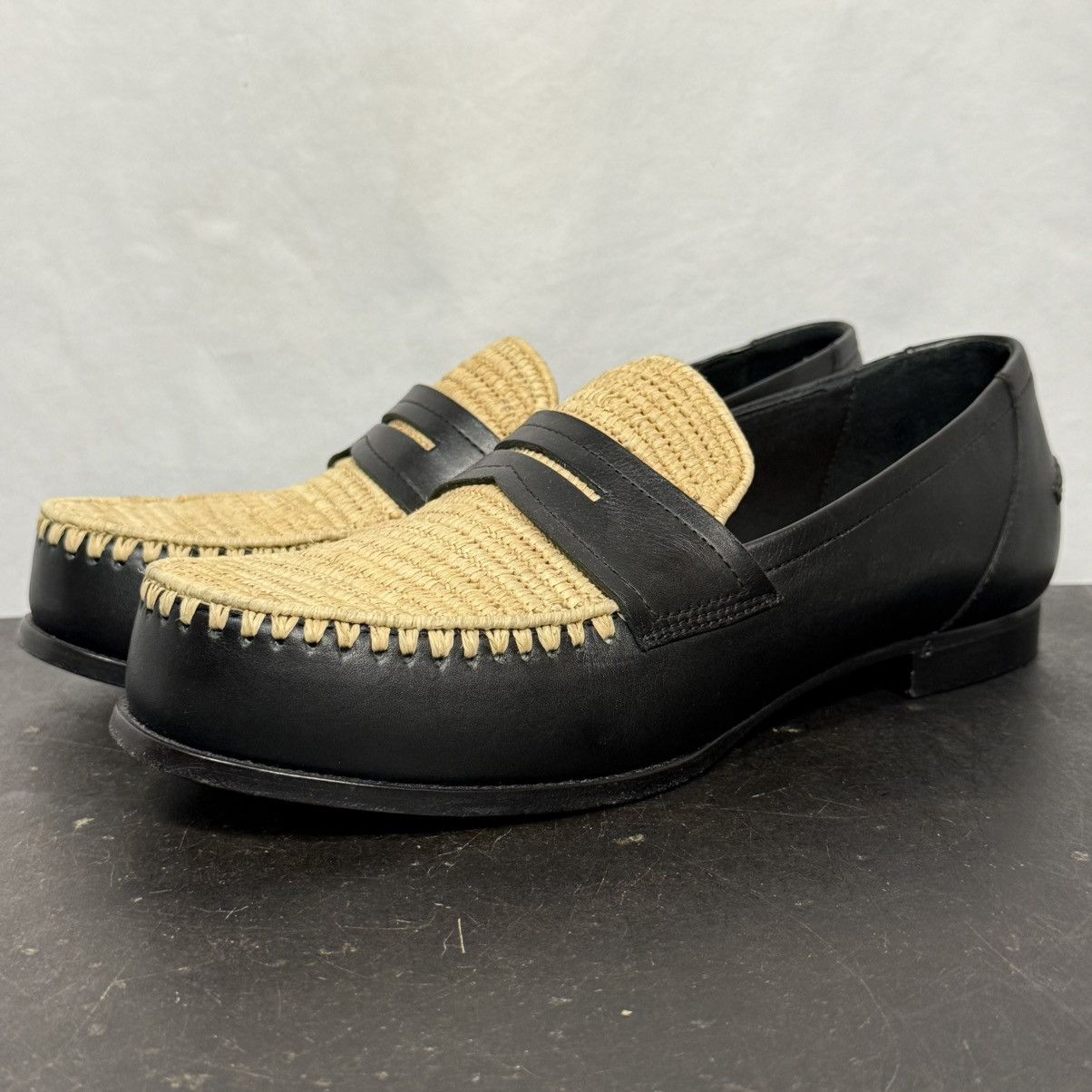 Bottega Veneta Bottega Veneta Black Leather Raffia Loafers Size US 9.5 / IT 39.5 - 1 Thumbnail