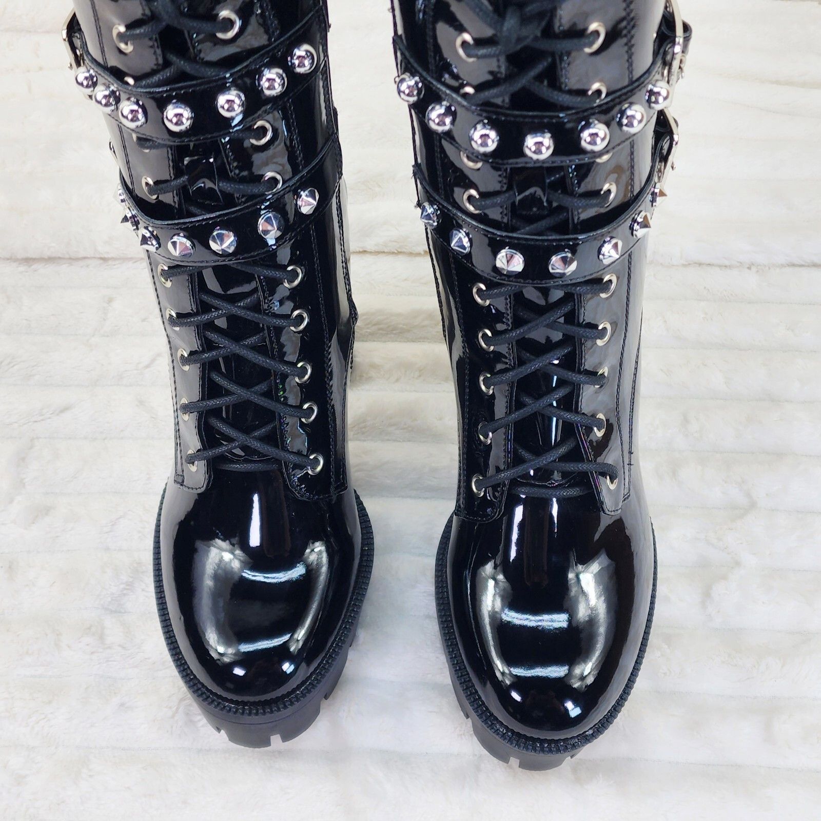 Other Shiney Black Patent Lug Sole Studded Strap Ankle Boots Tempt Size US 11 / IT 41 - 5 Thumbnail