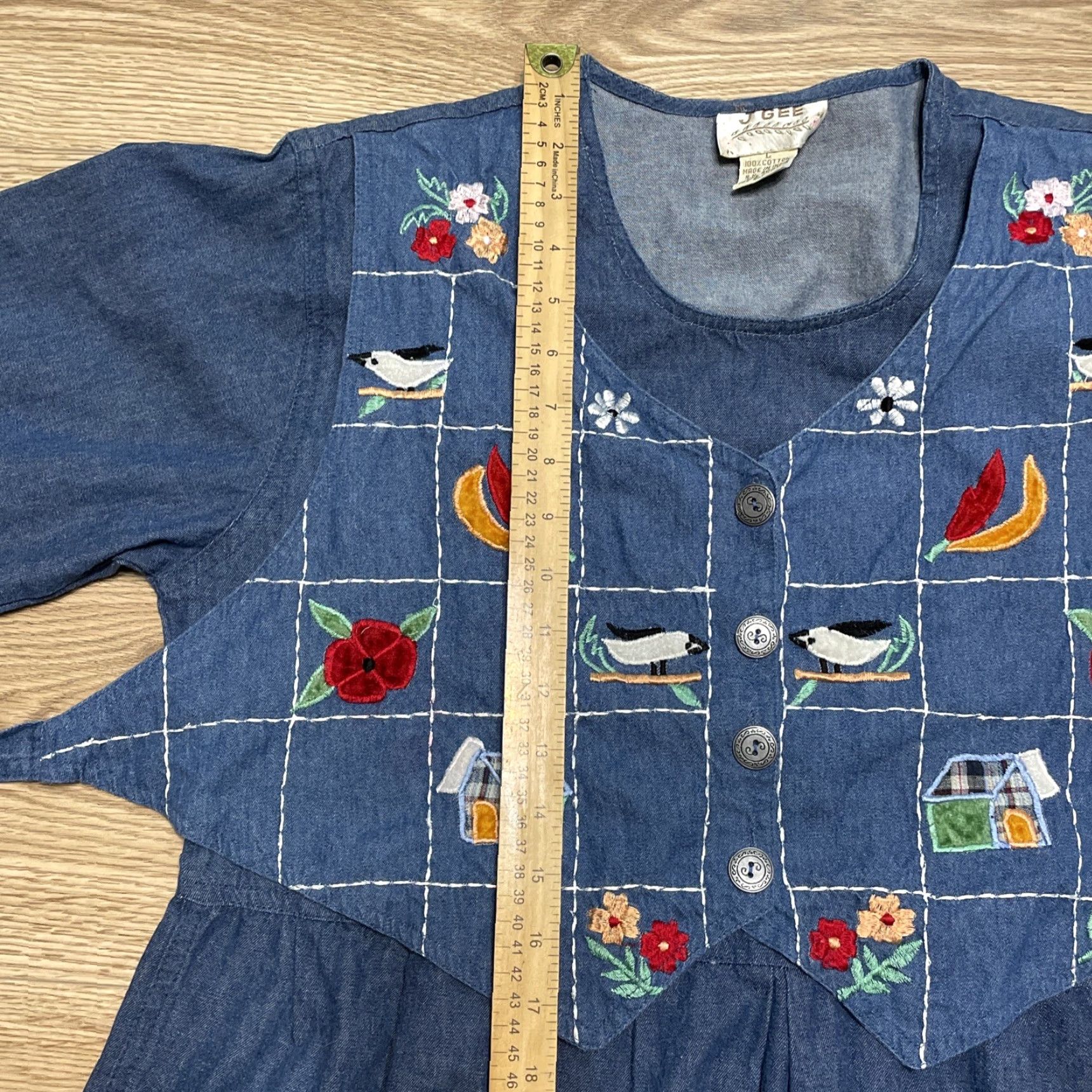 Denime VINTAGE J Gee Denim Dress Women Maxi Dress Short Sleeve Embroidered Tie Back Blue 90s Size L / US 10 / IT 46 - 6 Thumbnail