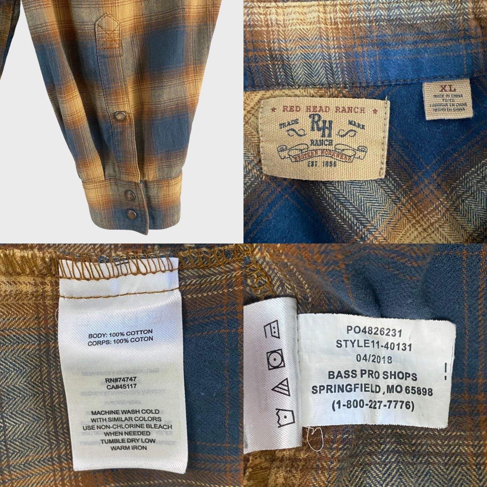 Bass Pro Shops VINTAGE RedHead Ranch Flannel Shirt Mens XL Blue/Yellow Plaid Snap-Button Shirt Size US XL / EU 56 / 4 - 8 Thumbnail