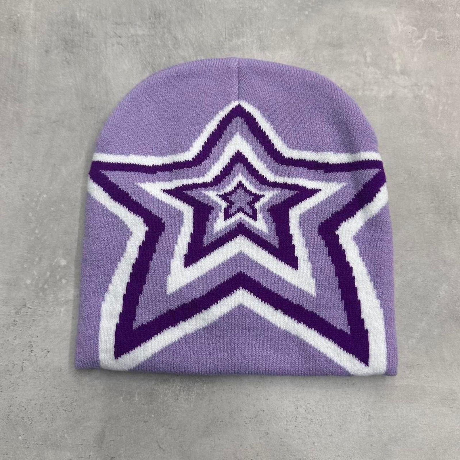 Vintage Purple and White Star Acrylic Graphic Beanie Hat Size ONE SIZE - 1 Thumbnail