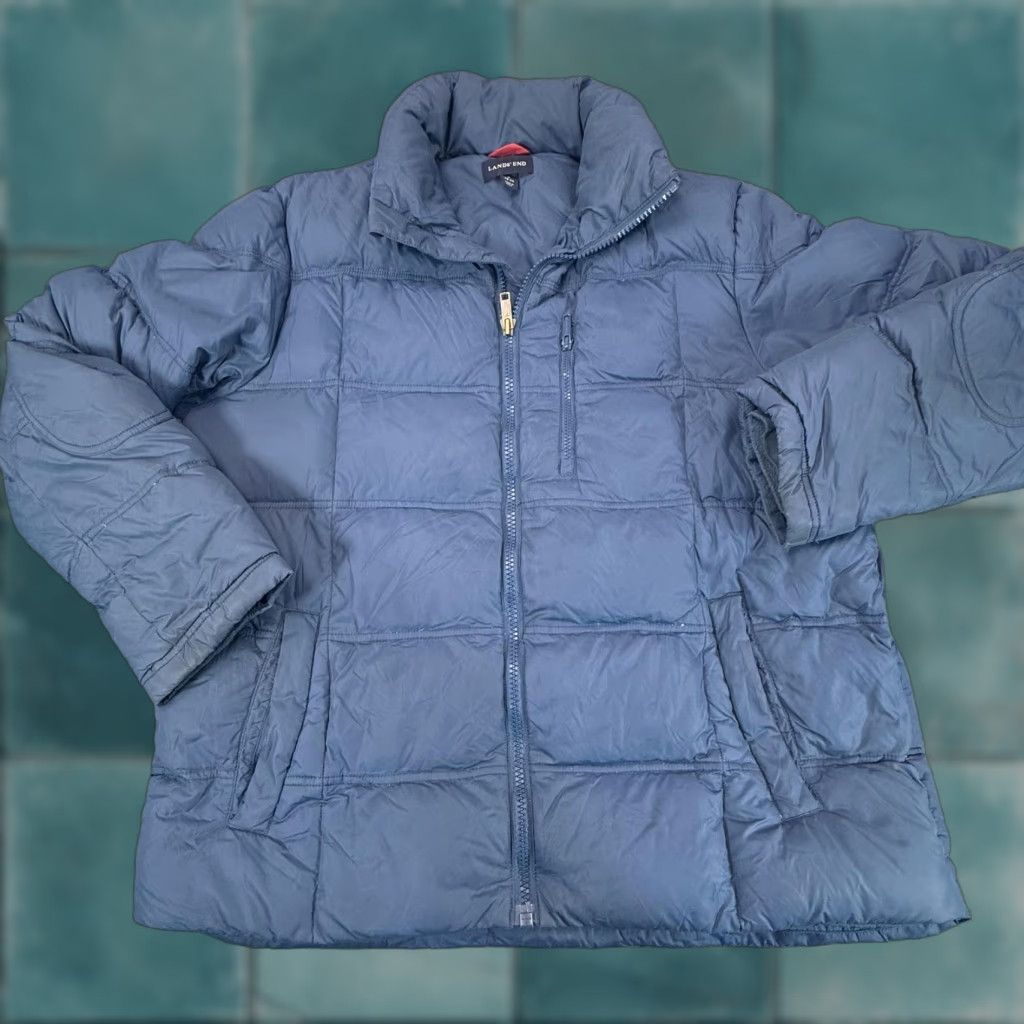 Lands' End Down Puffer Jacket Mens Large Blue Full Zip Quilted Warm Winter