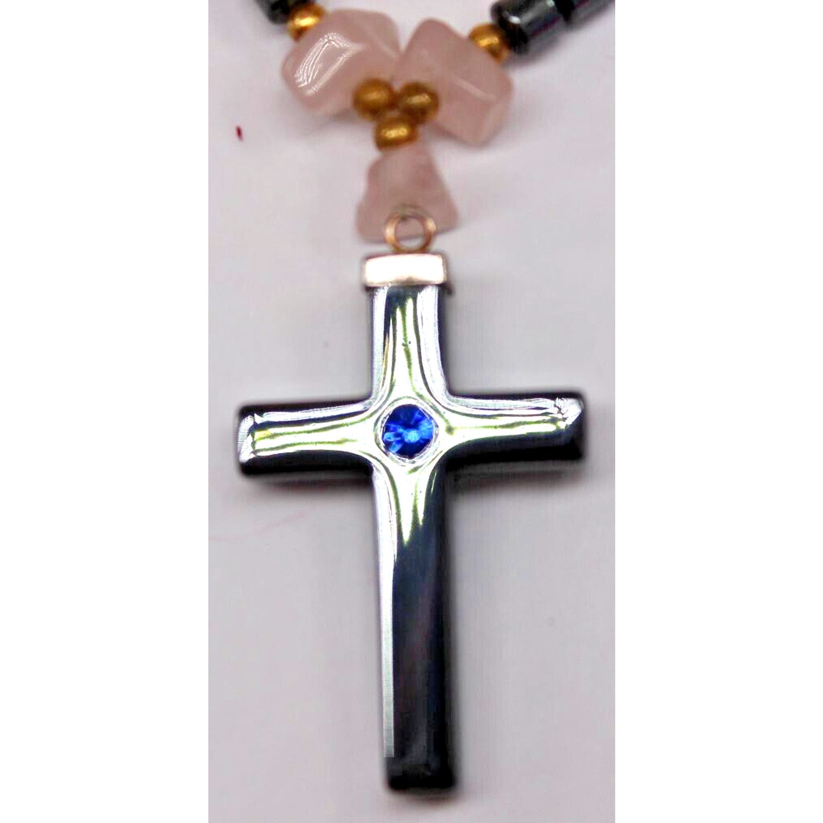 Other Hematite Cross Necklace Pendant Blue Rhinestone 16" Chain Size ONE SIZE - 1 Thumbnail