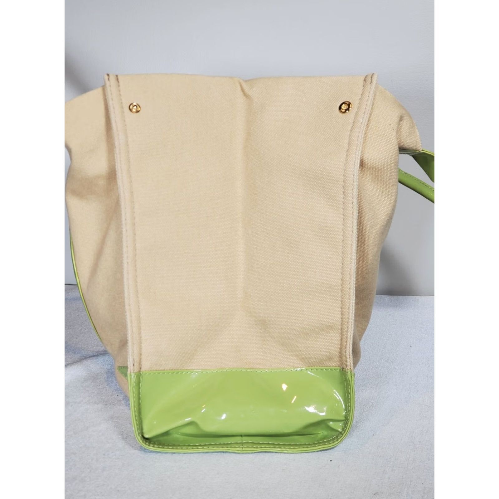 Tory Burch Tory Burch Ella Tote Bag Large Light Beige Canvas Sage Green Patent Leather Expandable Size ONE SIZE - 6 Thumbnail