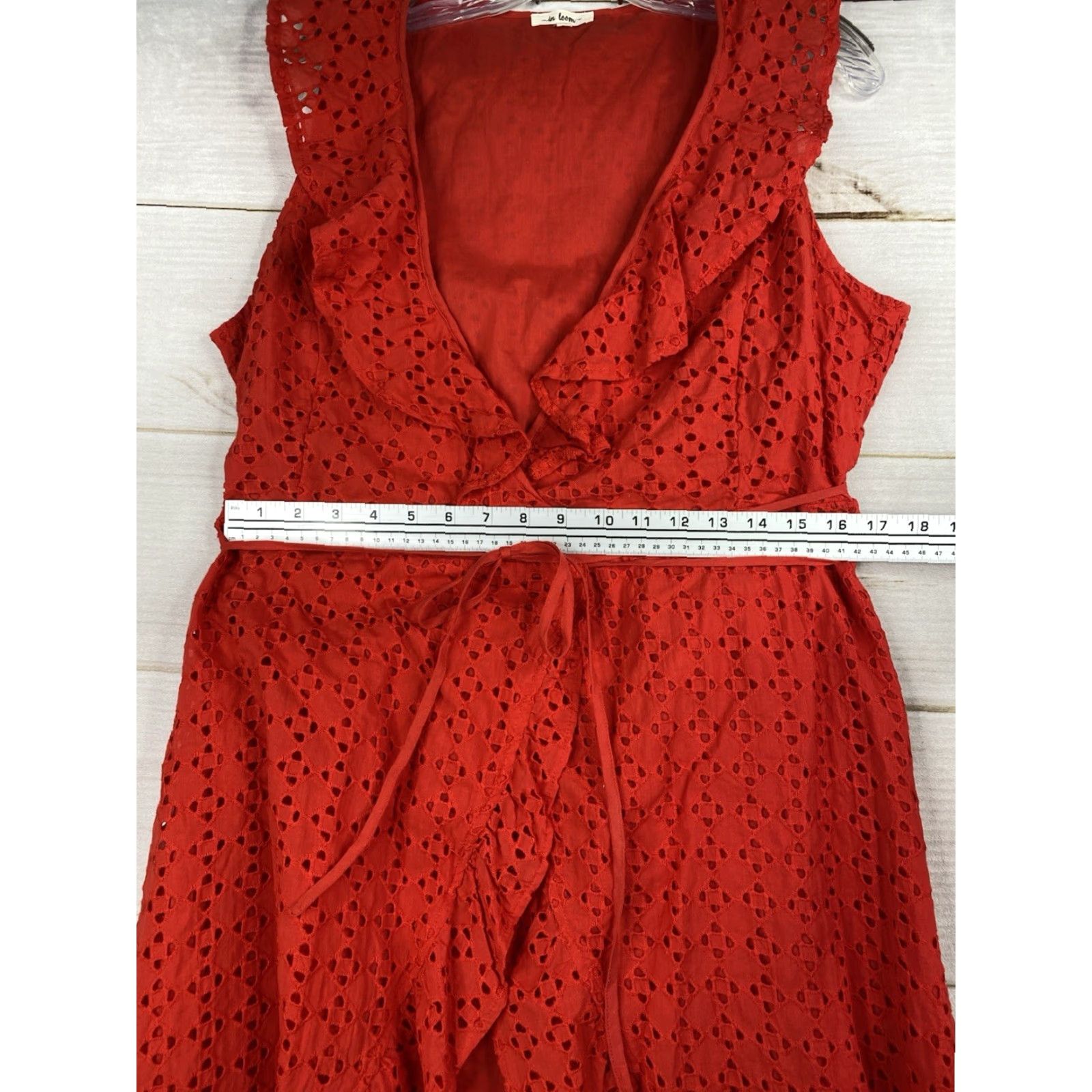 Vintage VINTAGE IN LOOM Maxi Dress L Red Wrap Style V-Neck Ruffled Eyelet Cotton Lined Size L / US 10 / IT 46 - 5 Thumbnail