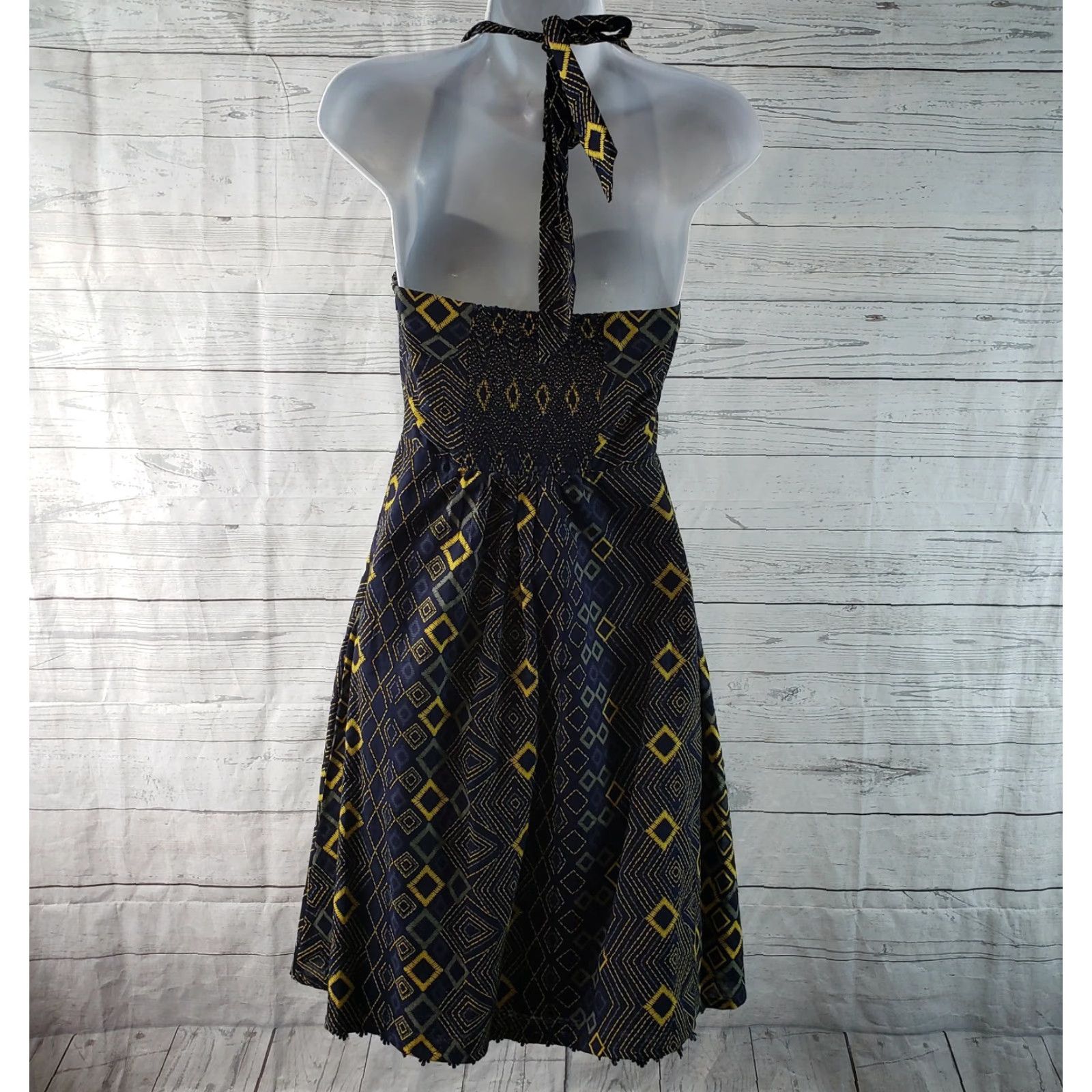 Vintage Edme & Esyllte Womens Rythmic Repetition Halter Dress Sz 0 Blue Yellow Cotton Size XS / US 0-2 / IT 36-38 - 4 Thumbnail