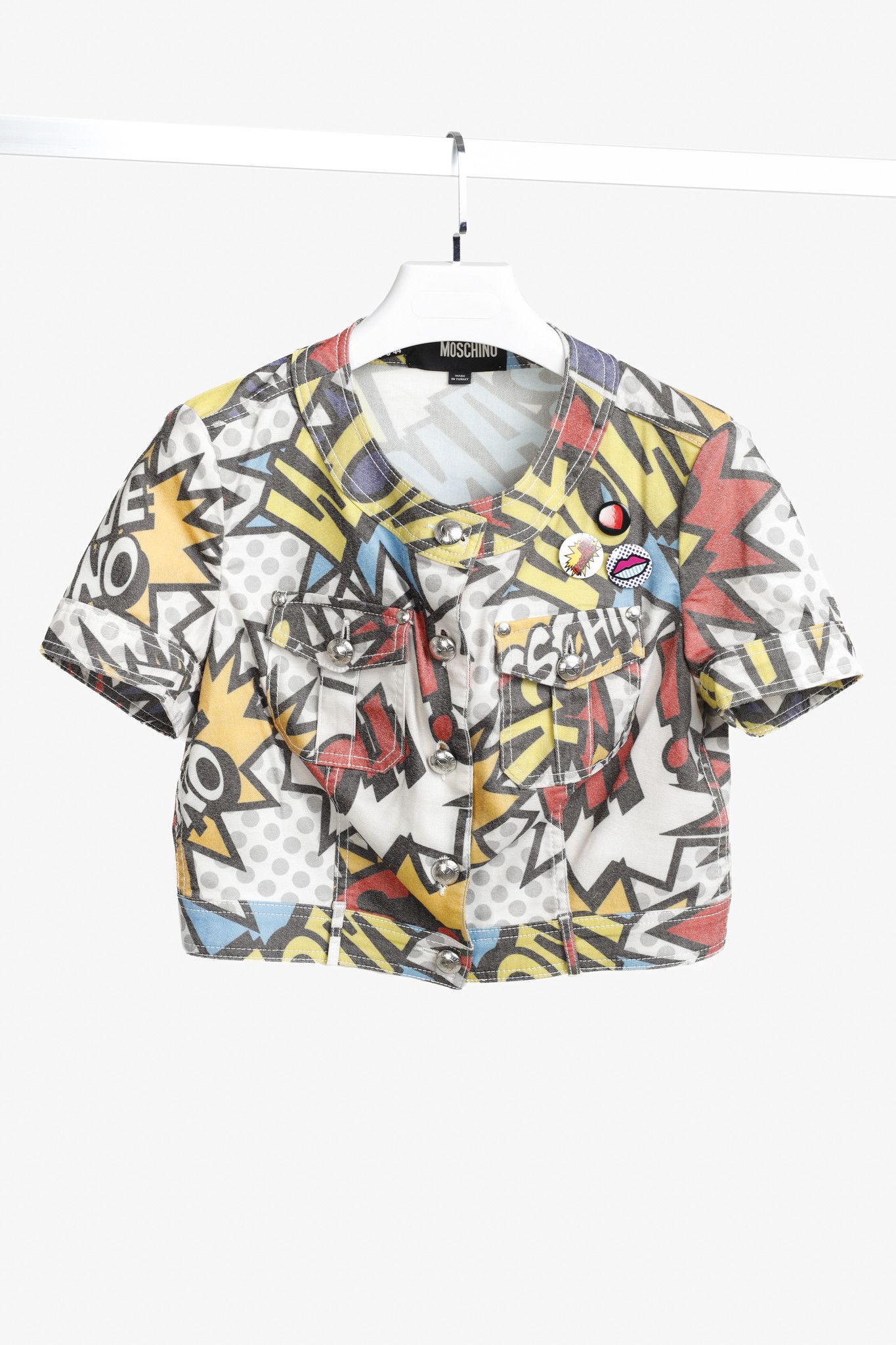 Love Moschino Love Moschino Comic Short Sleeve Denim Jacket with Pins Size M / US 6-8 / IT 42-44 - 1 Thumbnail