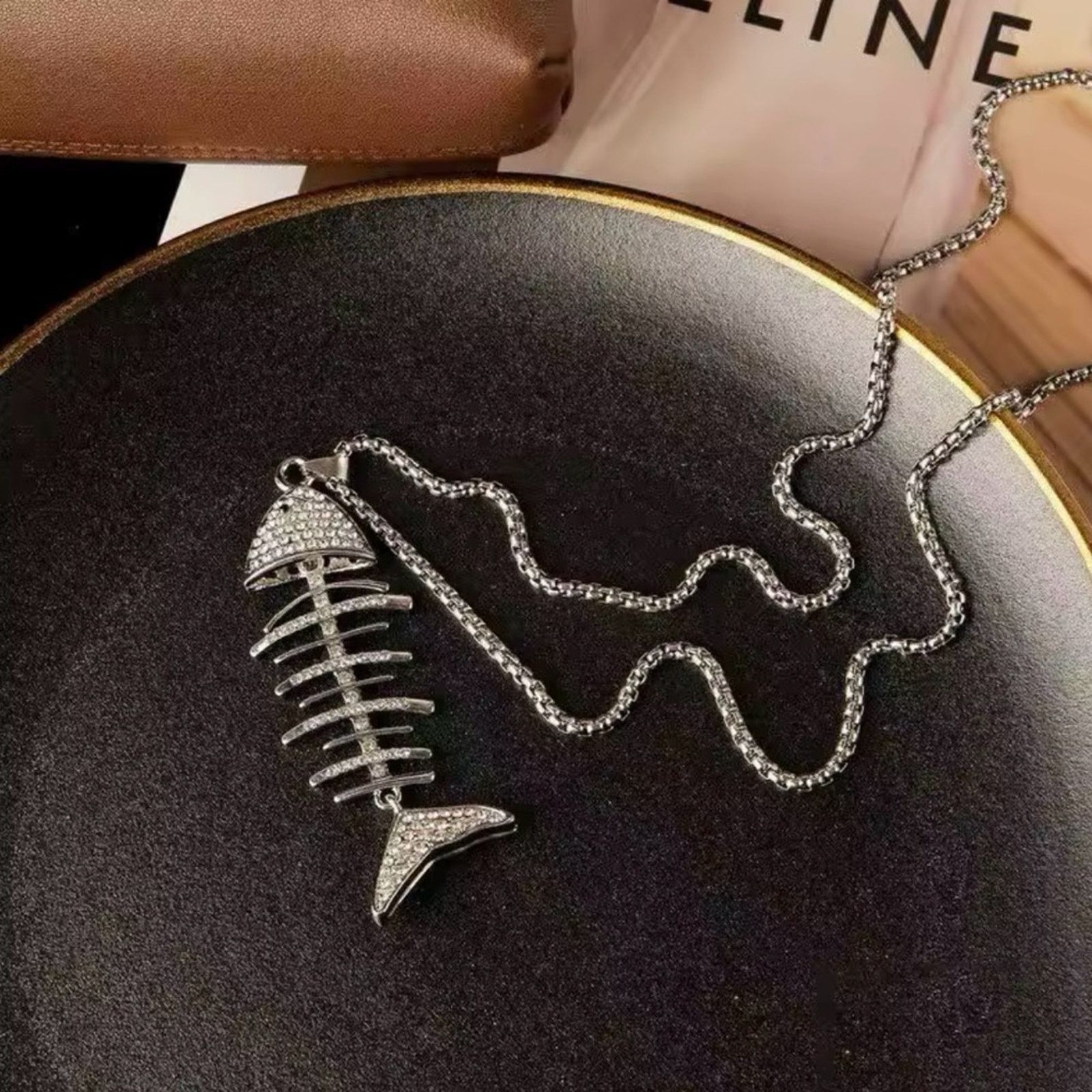 Other Fish Bone Necklace Inlaid Rhinestone Fishtail Pendant Size ONE SIZE - 4 Thumbnail