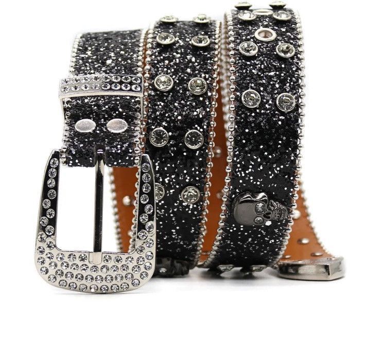 Leather Diamond Bling Strap Skull Black PU Leather Belt Size ONE SIZE - 3 Thumbnail