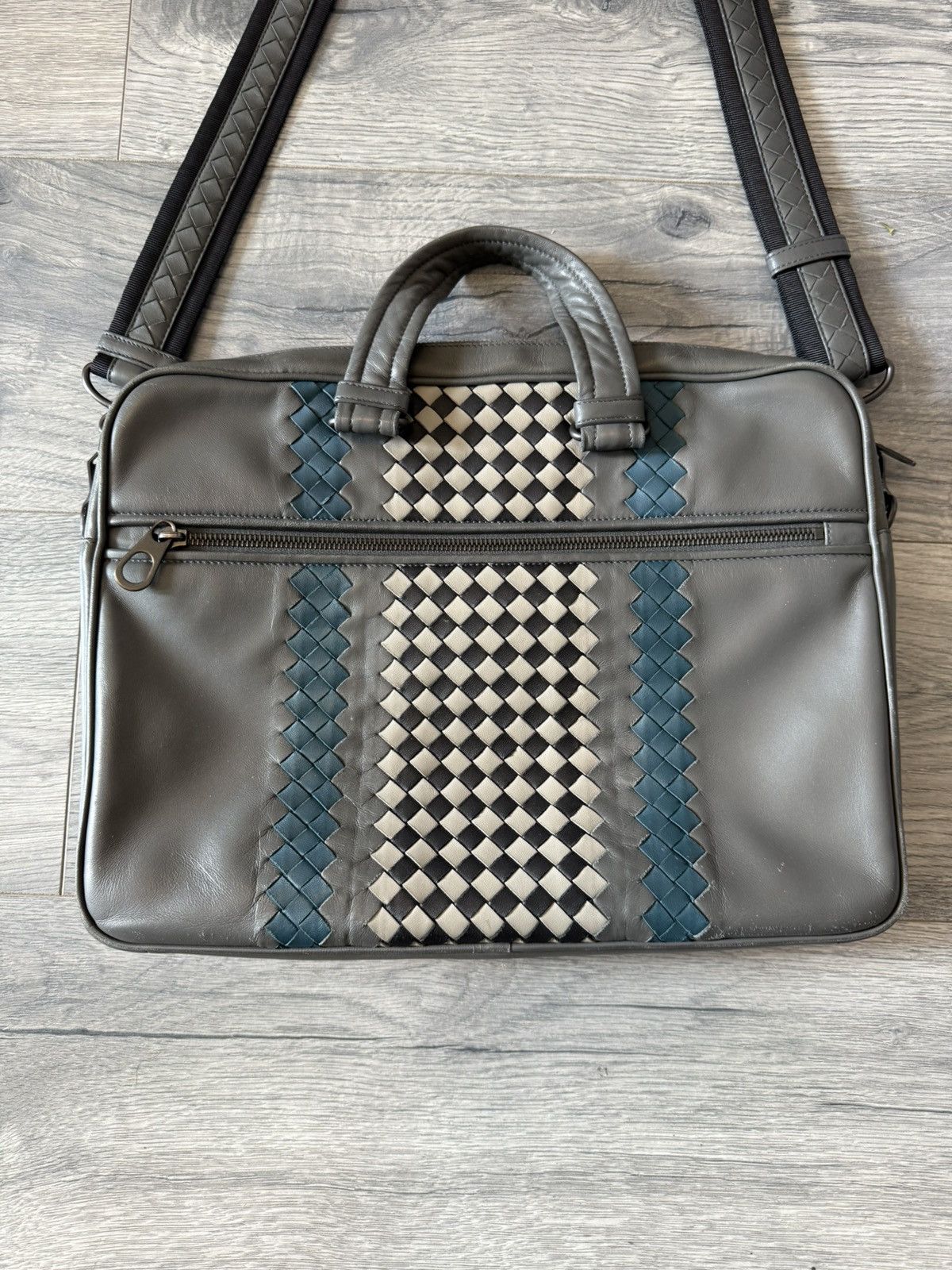 Bottega Veneta Intrecciato Leather Laptop Briefcase Bag in Grey & Teal Size ONE SIZE - 3 Thumbnail