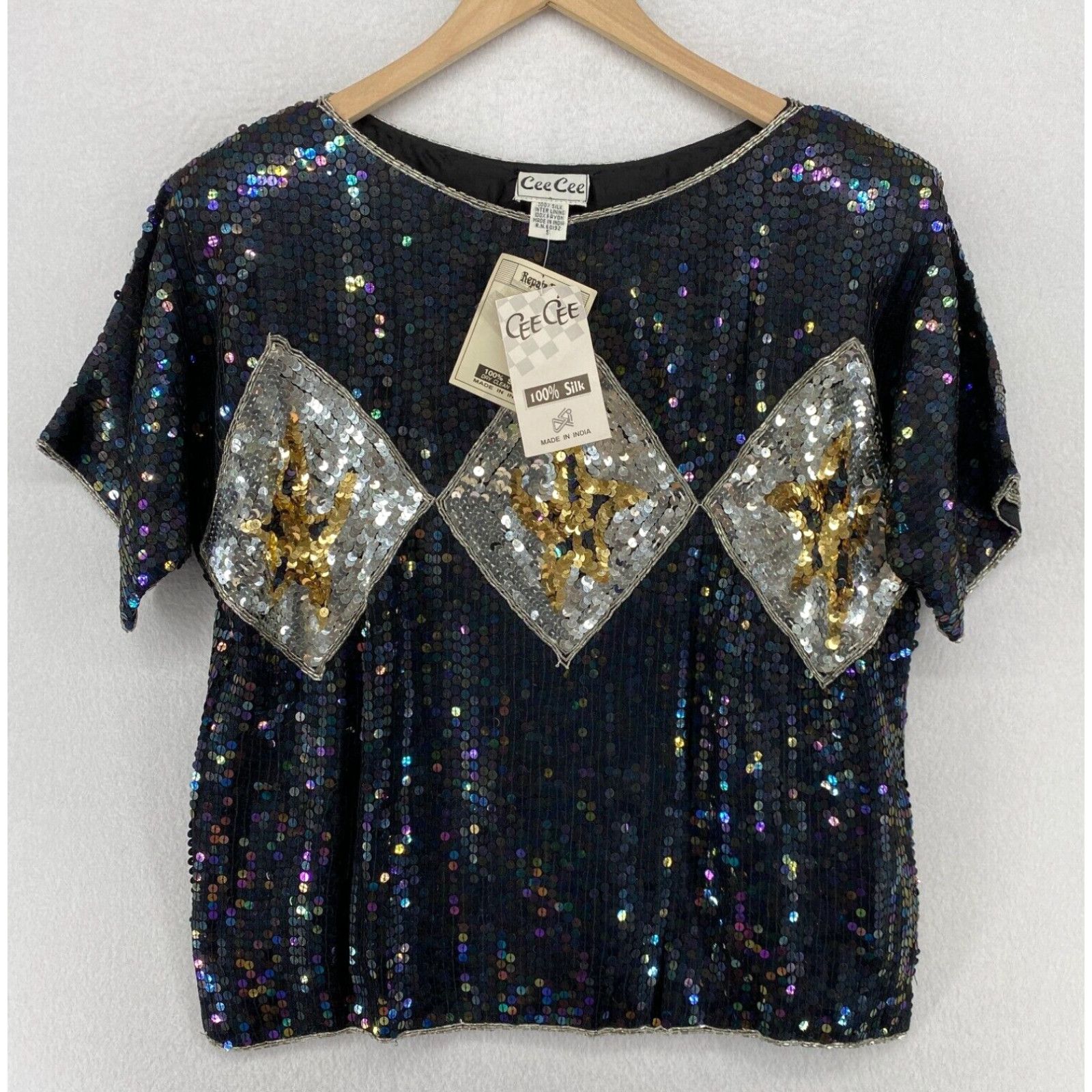 image of Vintage Cee Cee Blouse S Silk Sequin Embellished Boxy Boat Neck Dolman Sleeve Blue New in White, Wo