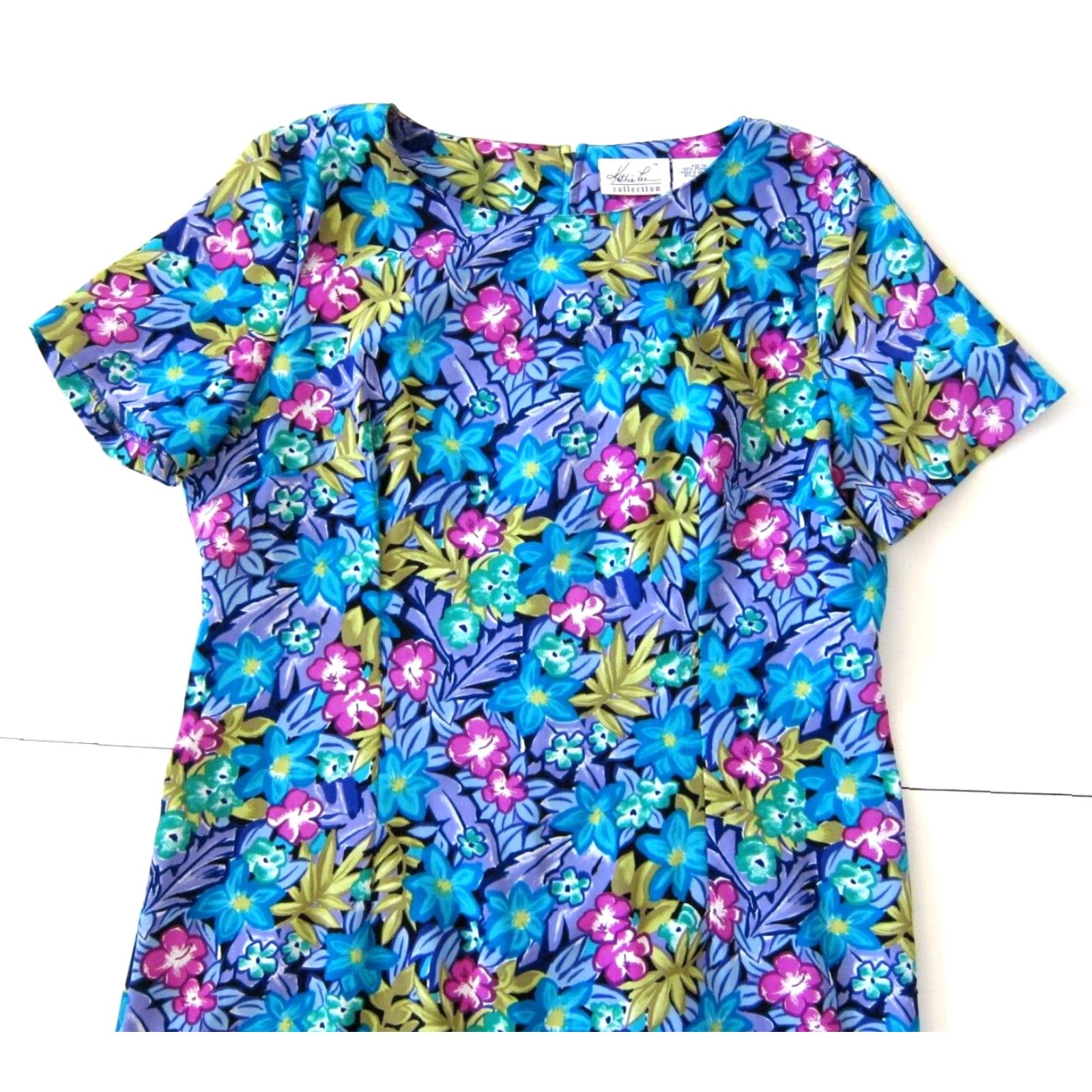 Lee VINTAGE Kathie Lee Collection Pink Floral Short Sleeve Tunic Dress 14 Green Blue Yellow Zipper Knee Length Casual Formals 90s? Size 36" / US 14 / IT 50 - 5 Thumbnail