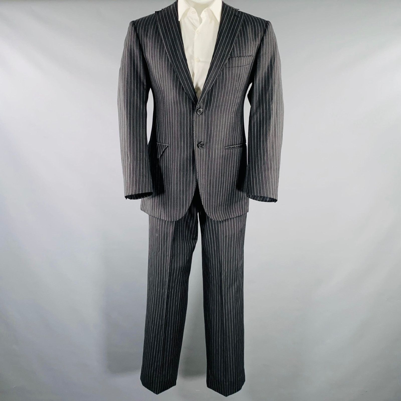 Belvest 40 Grey White Pinstripe Wool Linen Single Breasted Suit Size 40R - 2 Thumbnail