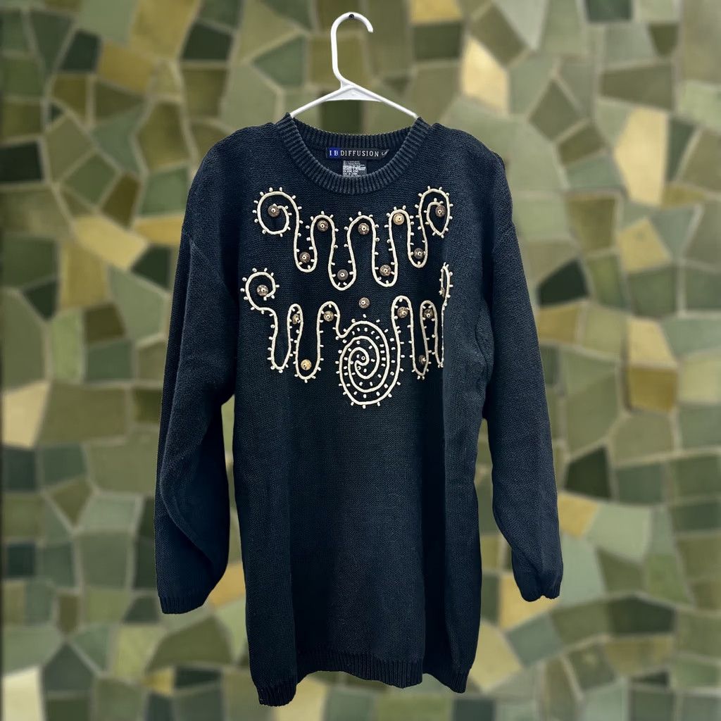 Vintage IB Diffusion Sweater Knit Textured Beaded Black Vintage Womens Large Pullover Crew Neck Knit Long Sleeve Christmas Classic Felting? Size L / US 10 / IT 46 - 1 Thumbnail