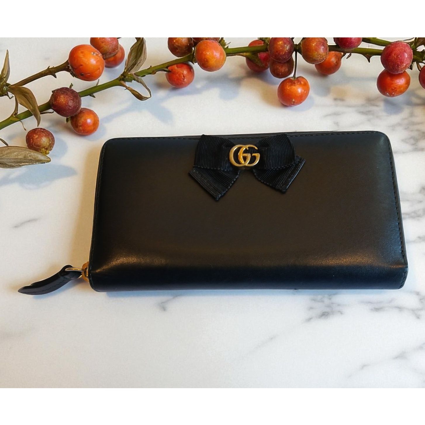 Gucci GUCCI GG Marmont Ribbon Wallet Zip Around Black Leather Size ONE SIZE - 14 Thumbnail