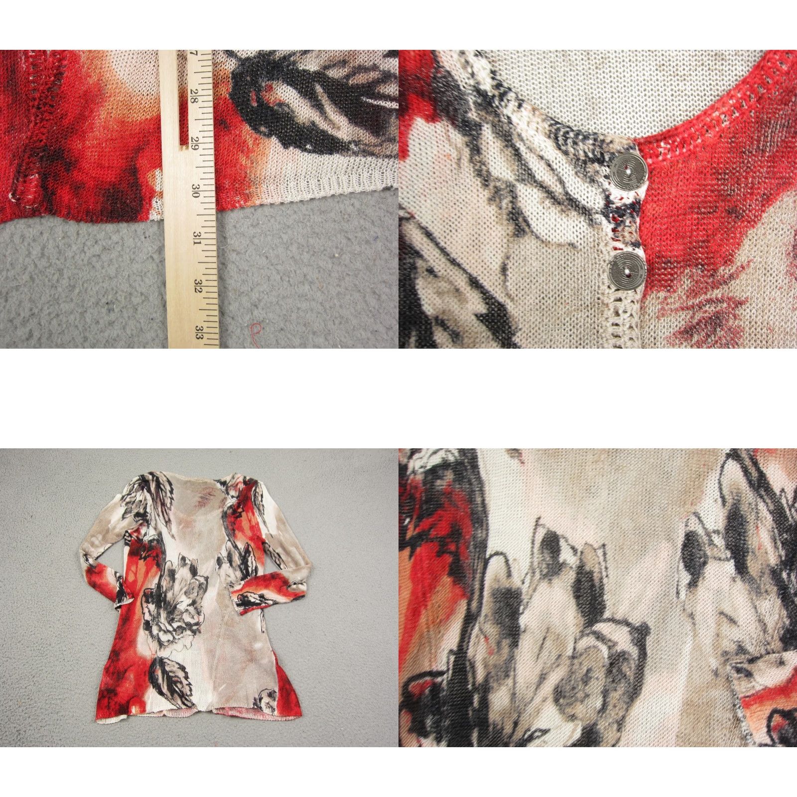Vintage ZOZO Cardigan Womens Large Beige Red Knit Sheer Floral Linen Viscose Button Up Size L / US 10 / IT 46 - 8 Thumbnail